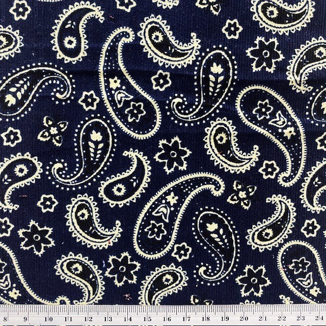 Printed Corduroy Fabric, Blue Paisley- Width 114cm