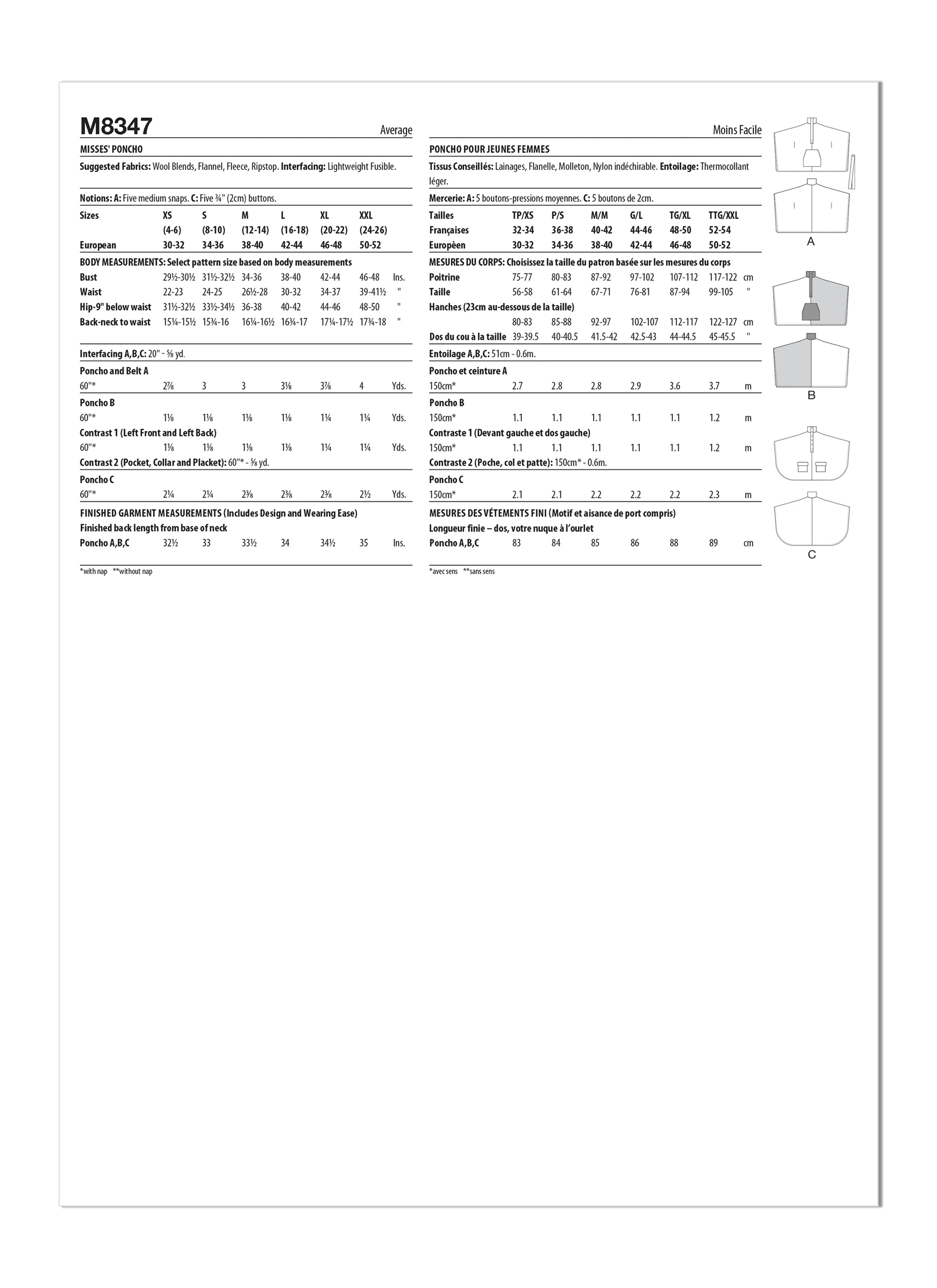 McCall's Pattern M8347  Misses' Poncho
