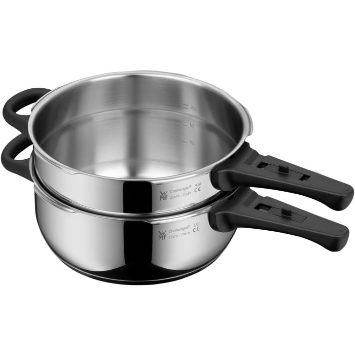 WMF Perfect One Pot Pressure Cooker Set, 6.5 L and 3 L stackable with steam basket