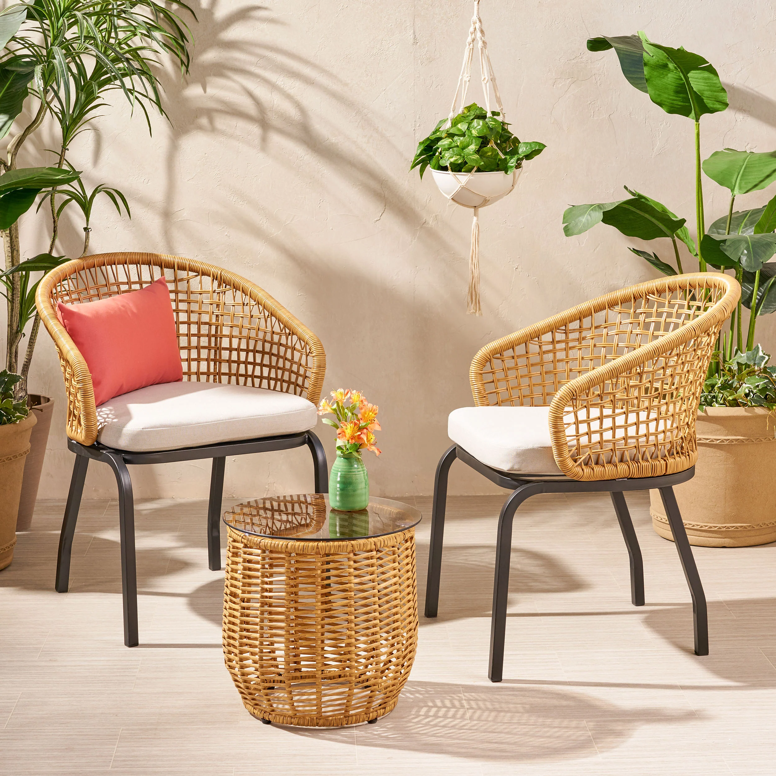 Herbert Outdoor Wicker 3 Piece Chat Set with Side Table - furnishings