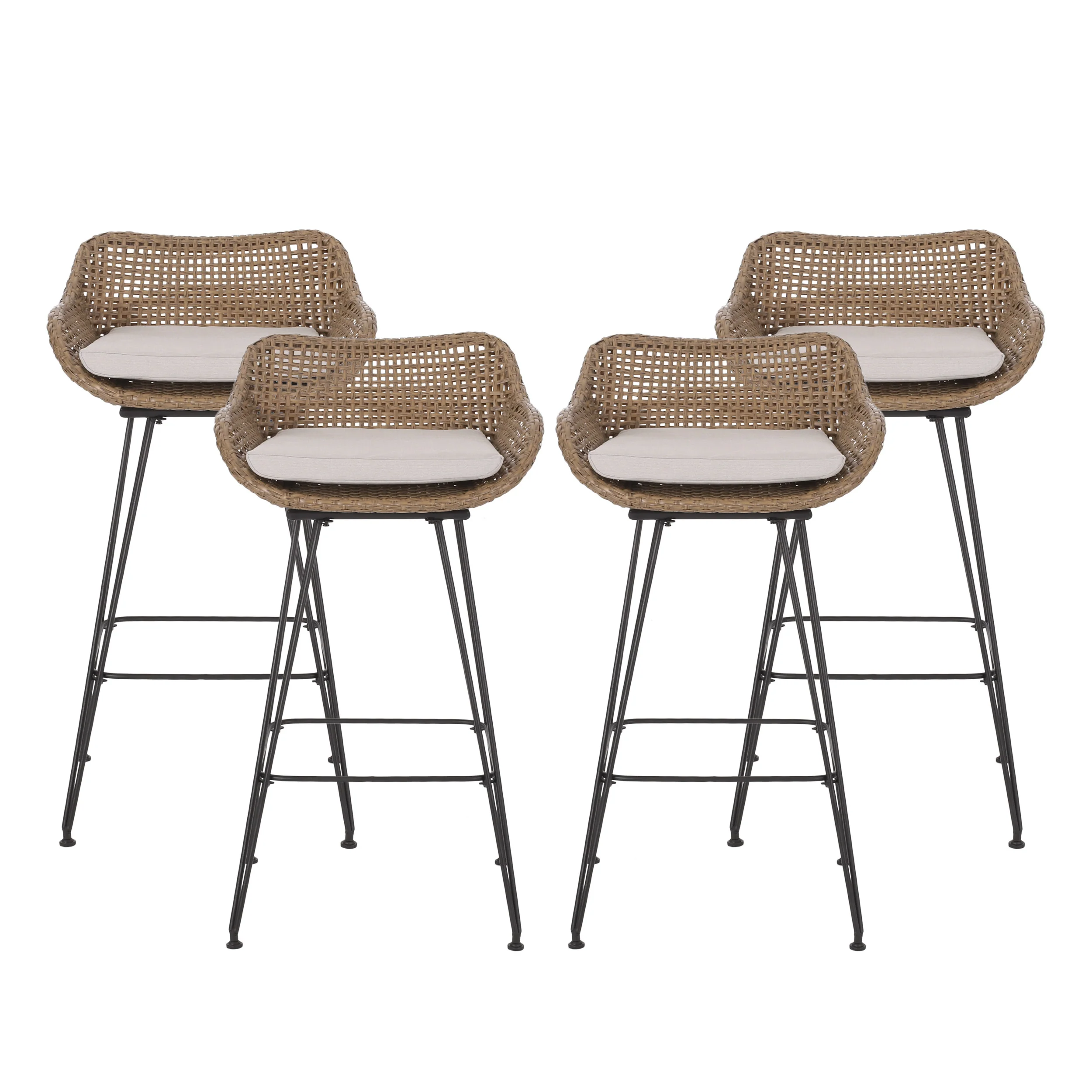 Pondway Outdoor Wicker and Iron Barstools with Cushion, Set of 4 - furnishings