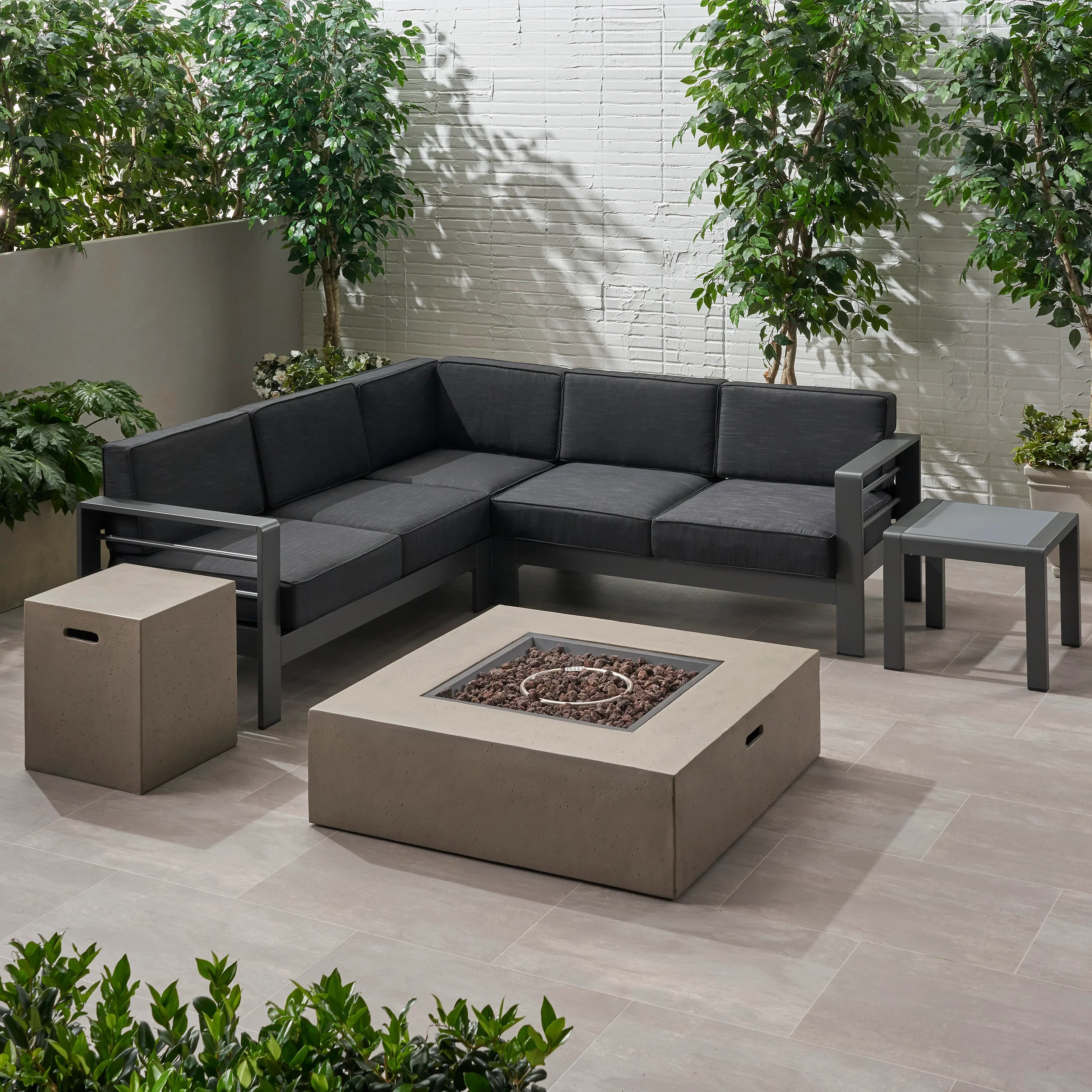 Scalett Outdoor 5 Seater Aluminum Chat Set with Fire Pit - furnishings