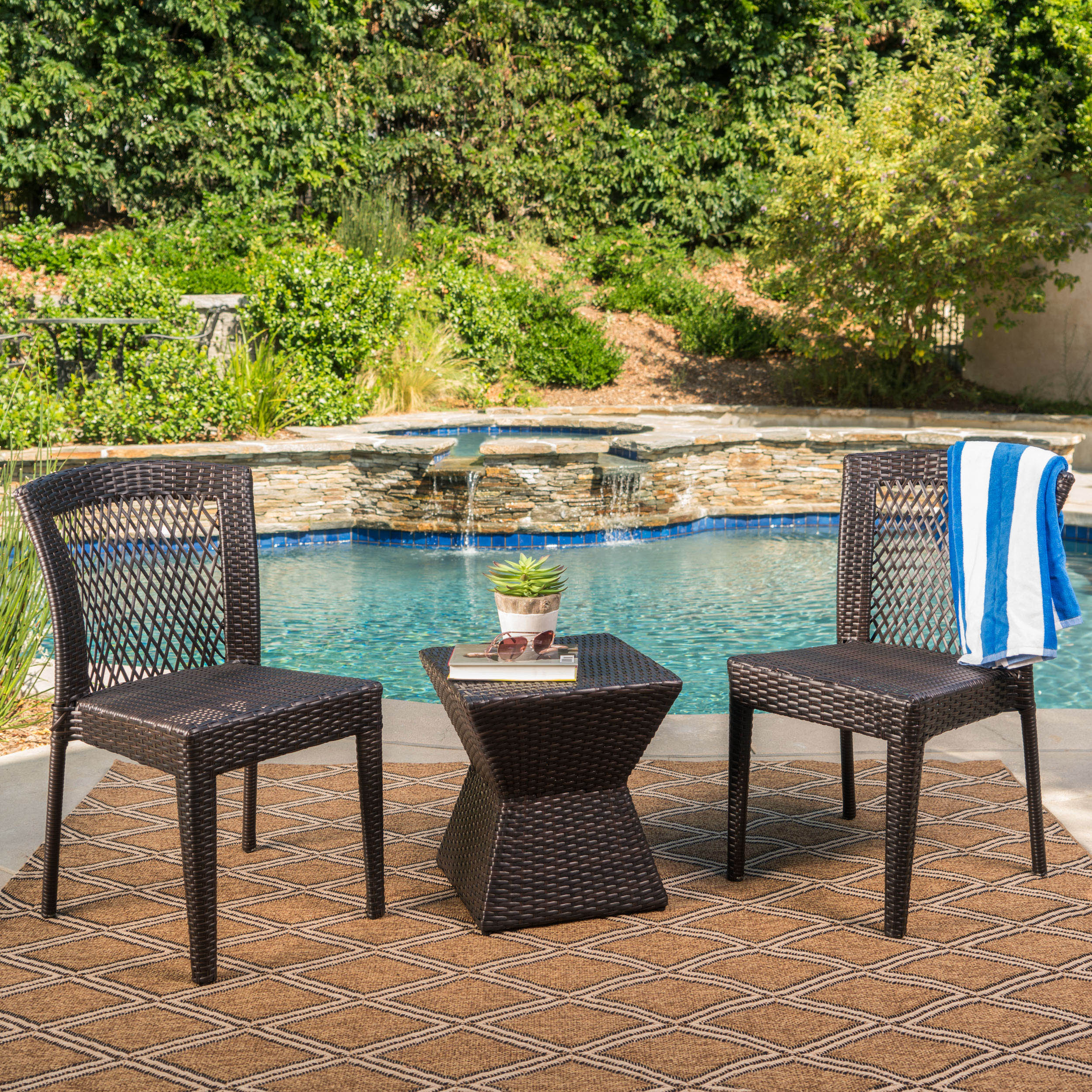 Malsborough Outdoor 3 Piece Multi-Brown Wicker Chat Set with Stacking Chairs - furnishings