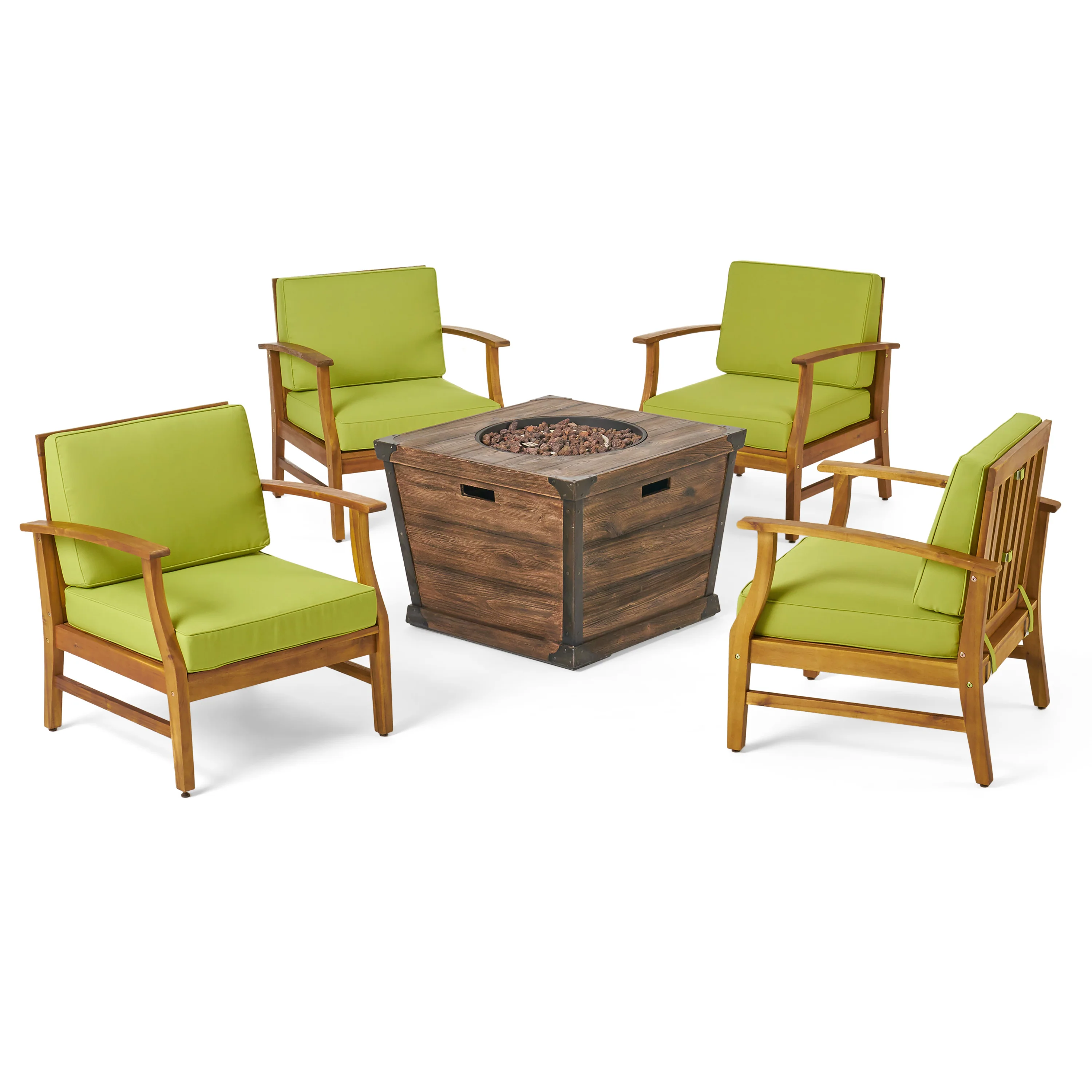 Belle Outdoor 4 Seat Fire Pit Chat Set with Teak Finished Acacia Wood Club Chairs - furnishings