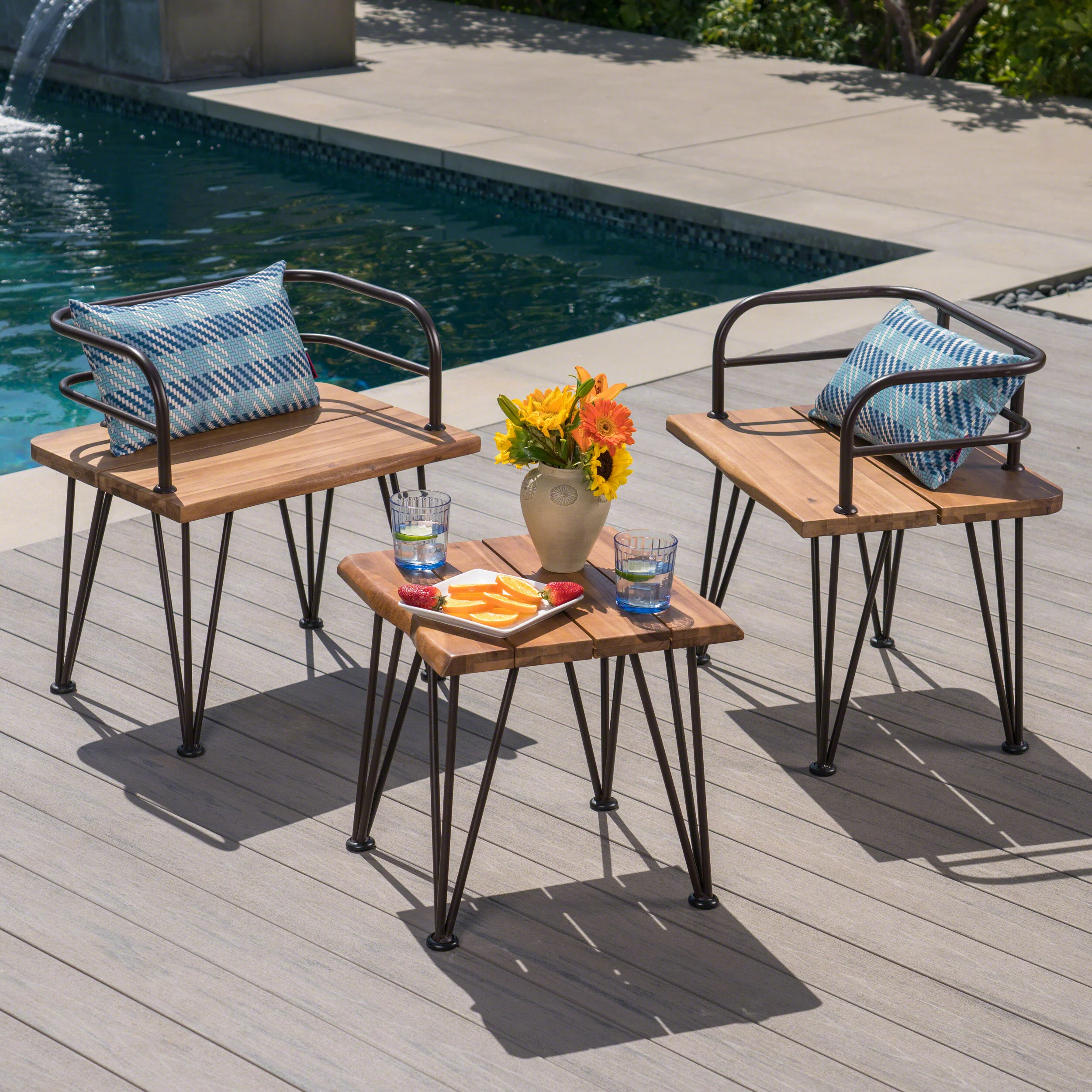 Avy Outdoor Rustic Industrial Acacia Wood End Table Chat with Metal Hairpin Legs, Teak - furnishings