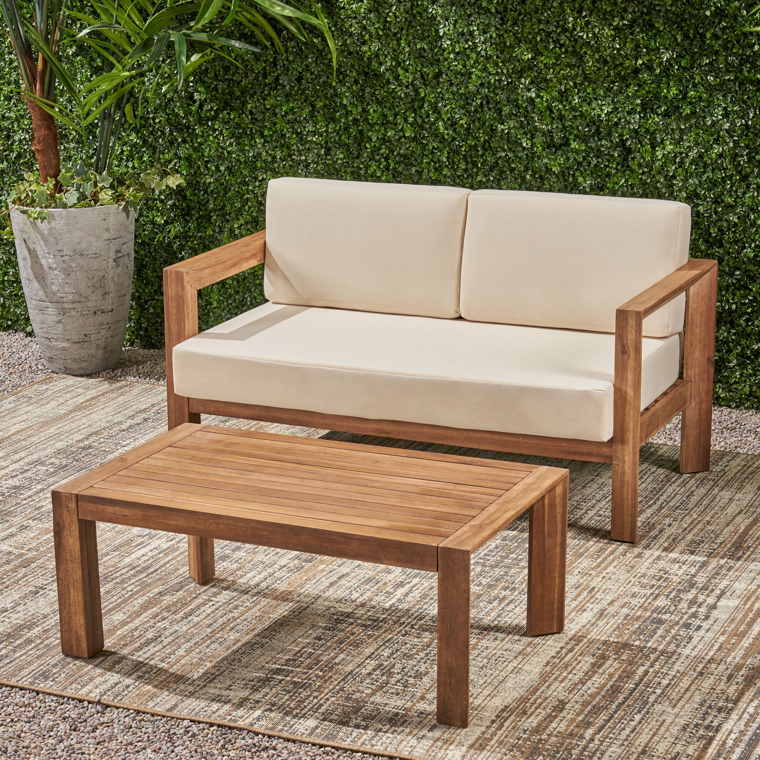Lucia Outdoor 2 Seater Wooden Loveseat and Coffee Table Chat Set with Cushions, Beige and Brown Finish - furnishings