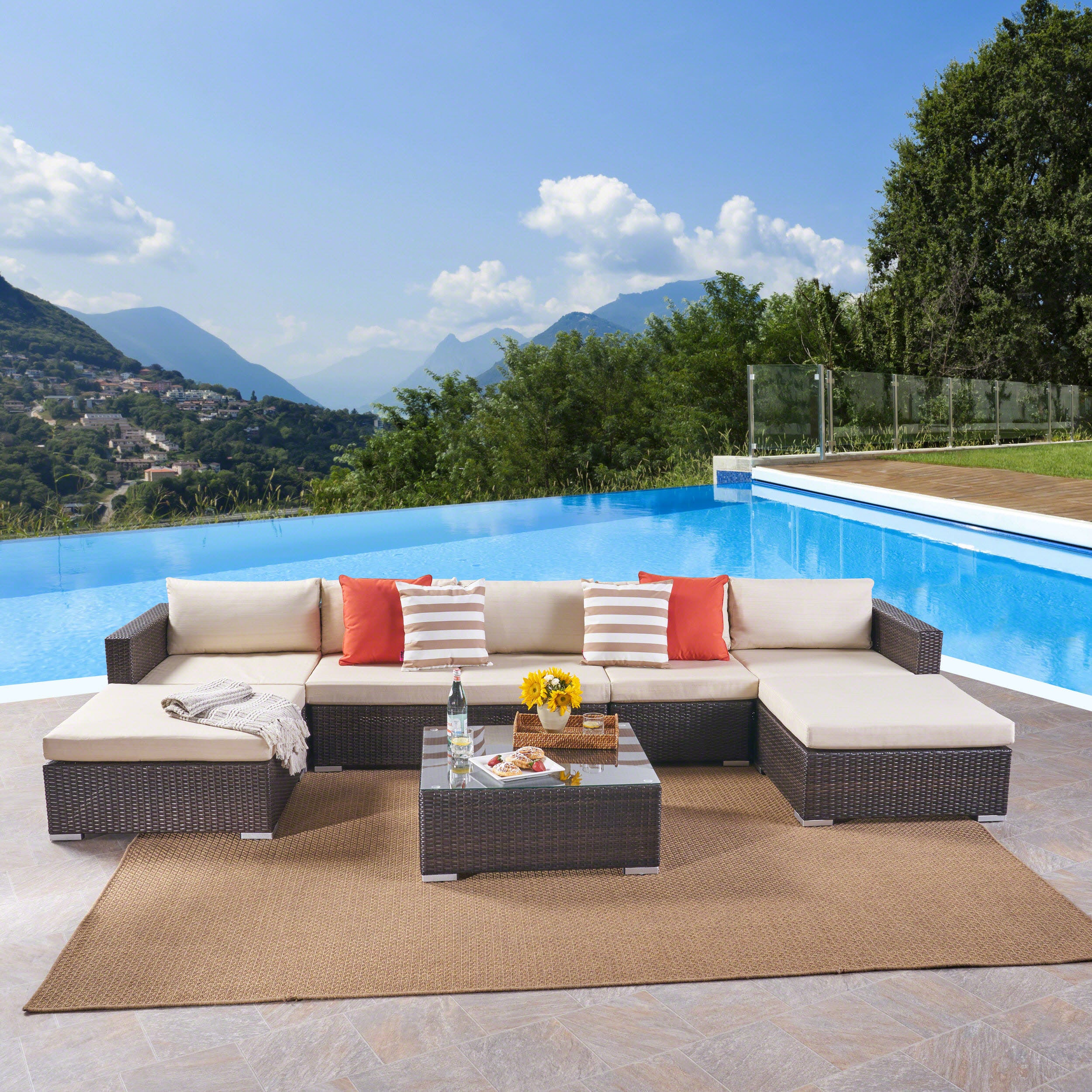 Tom Rosa Outdoor 5 Seater Wicker Sectional Sofa Set with Cushions - furnishings