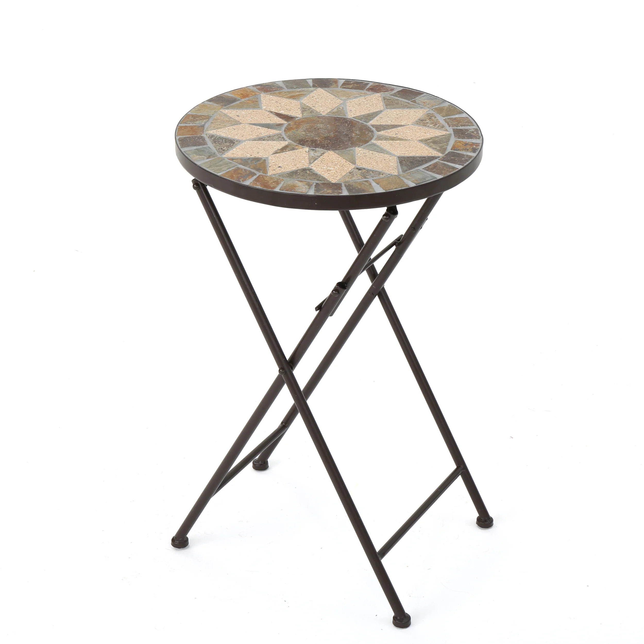 Sandor Outdoor Beige and Black Stone Side Table with Iron Frame - furnishings