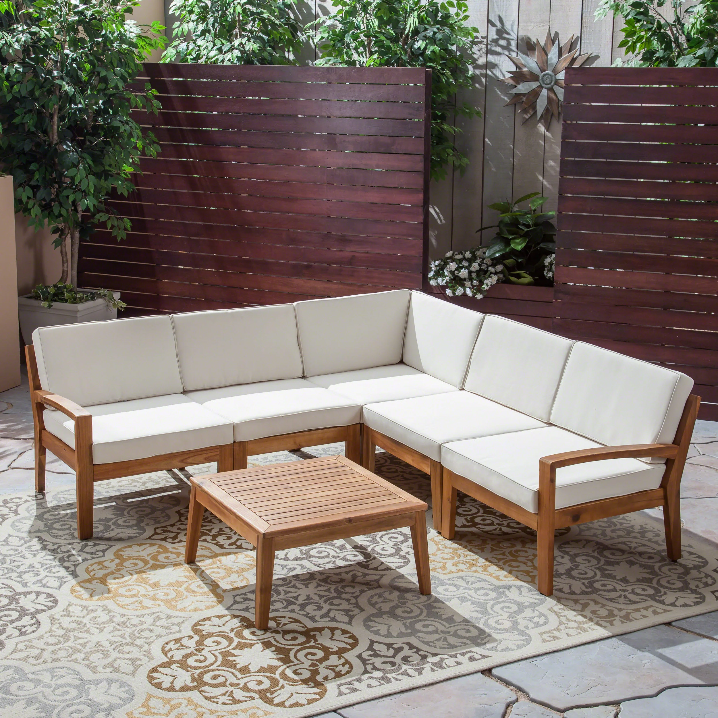 Roy Outdoor Acacia Wood 5 Seater Sectional Sofa Set with Coffee Table - furnishings