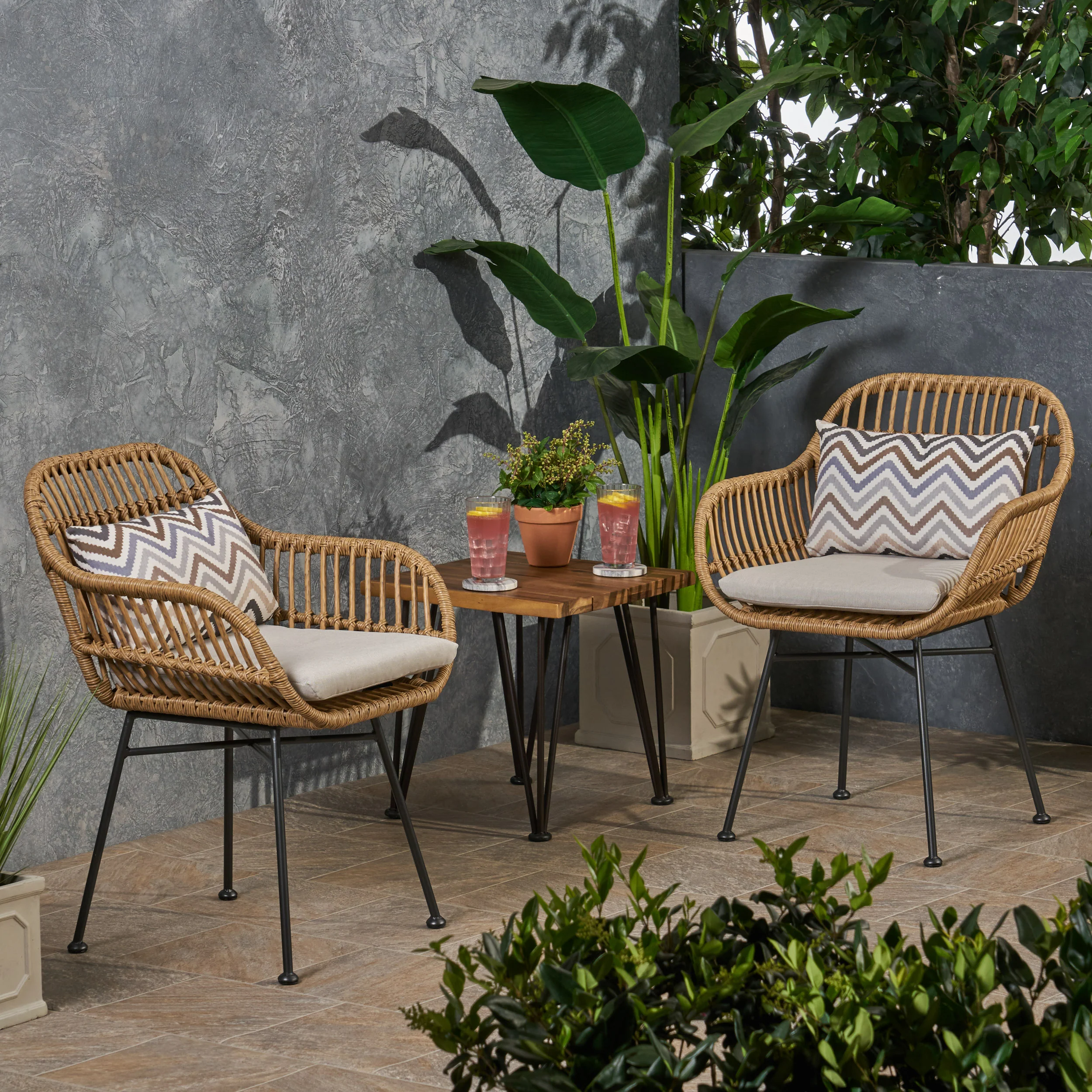 Rodney Outdoor Woven Faux Rattan Chairs with Cushions (Set of 2) - furnishings