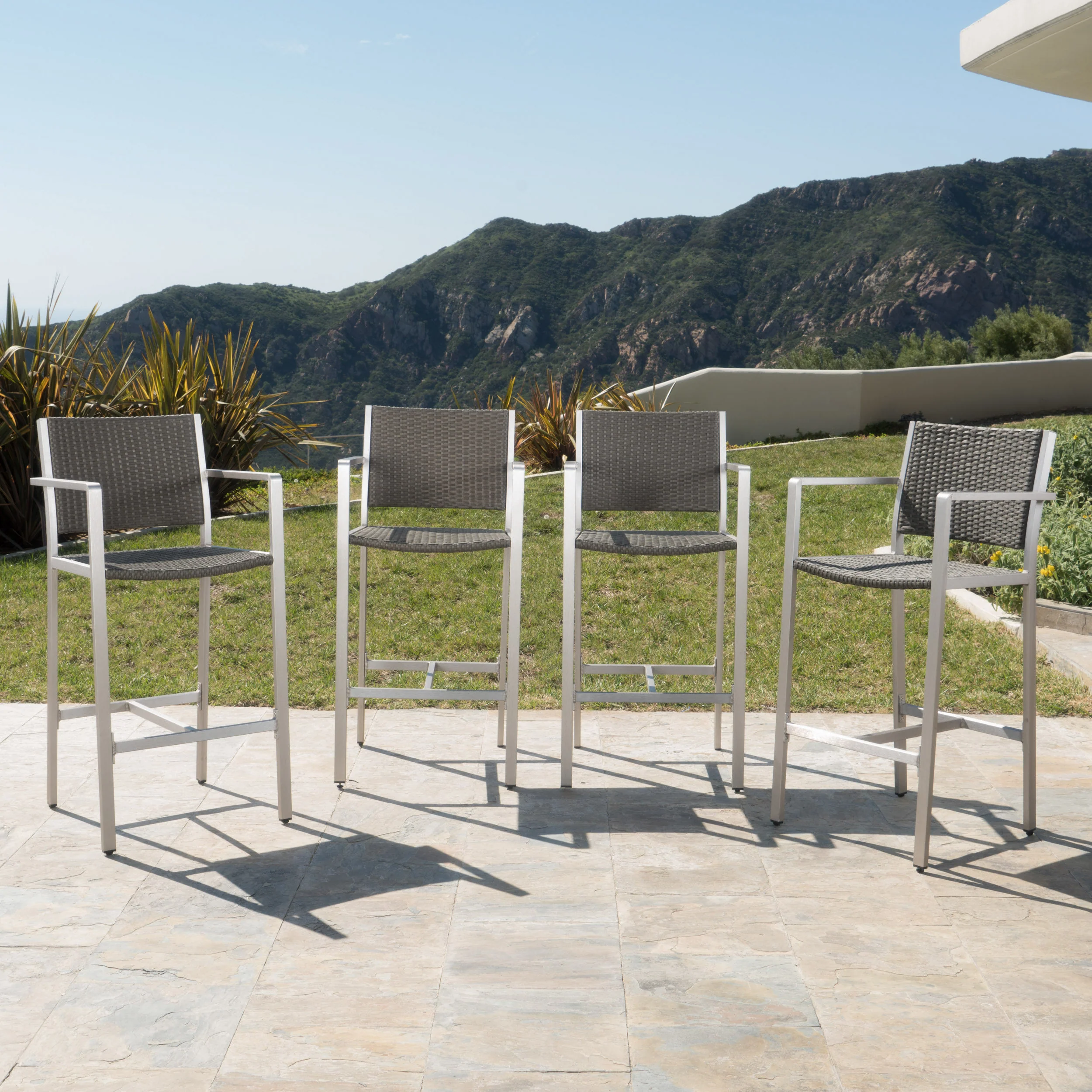 Capral Outdoor Modern Gray Wicker Barstools with Aluminum Frame (Set of 4) - furnishings