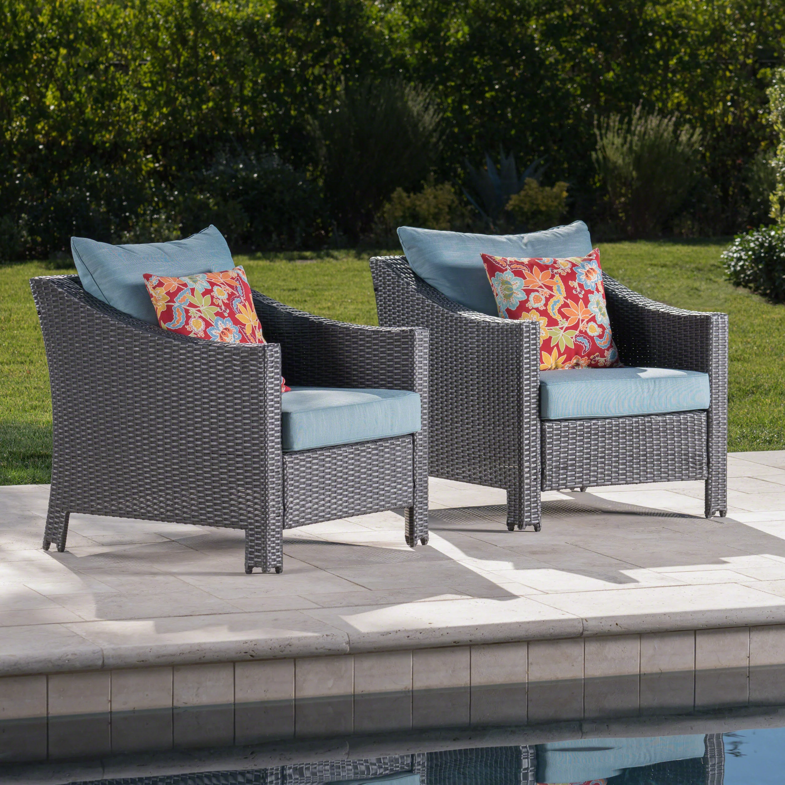 Caspian Outdoor Gray Wicker Club Chairs with Teal Water Resistant Cushions (Set of 2) - furnishings