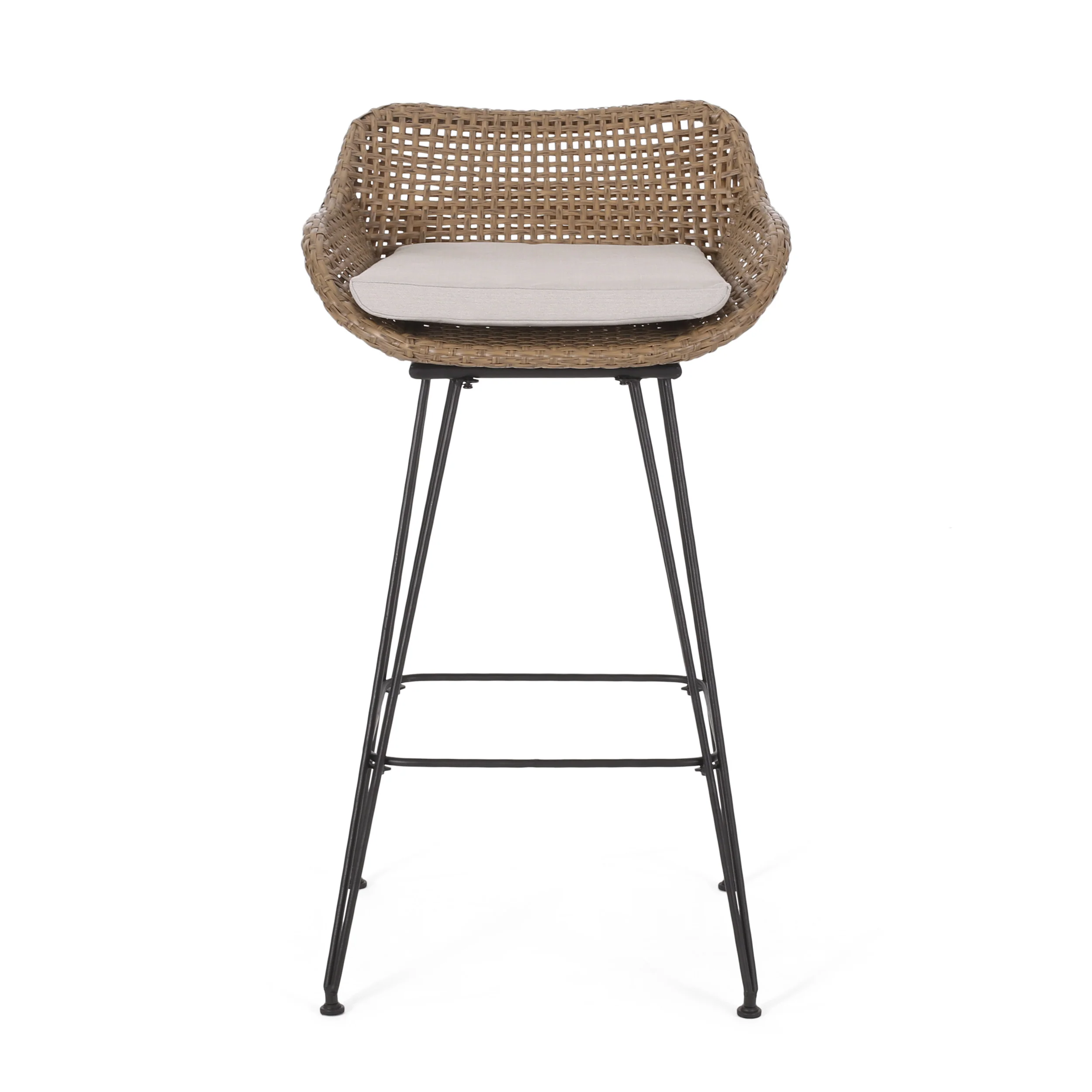 Pondway Outdoor Wicker and Iron Barstools with Cushion, Set of 2 - furnishings