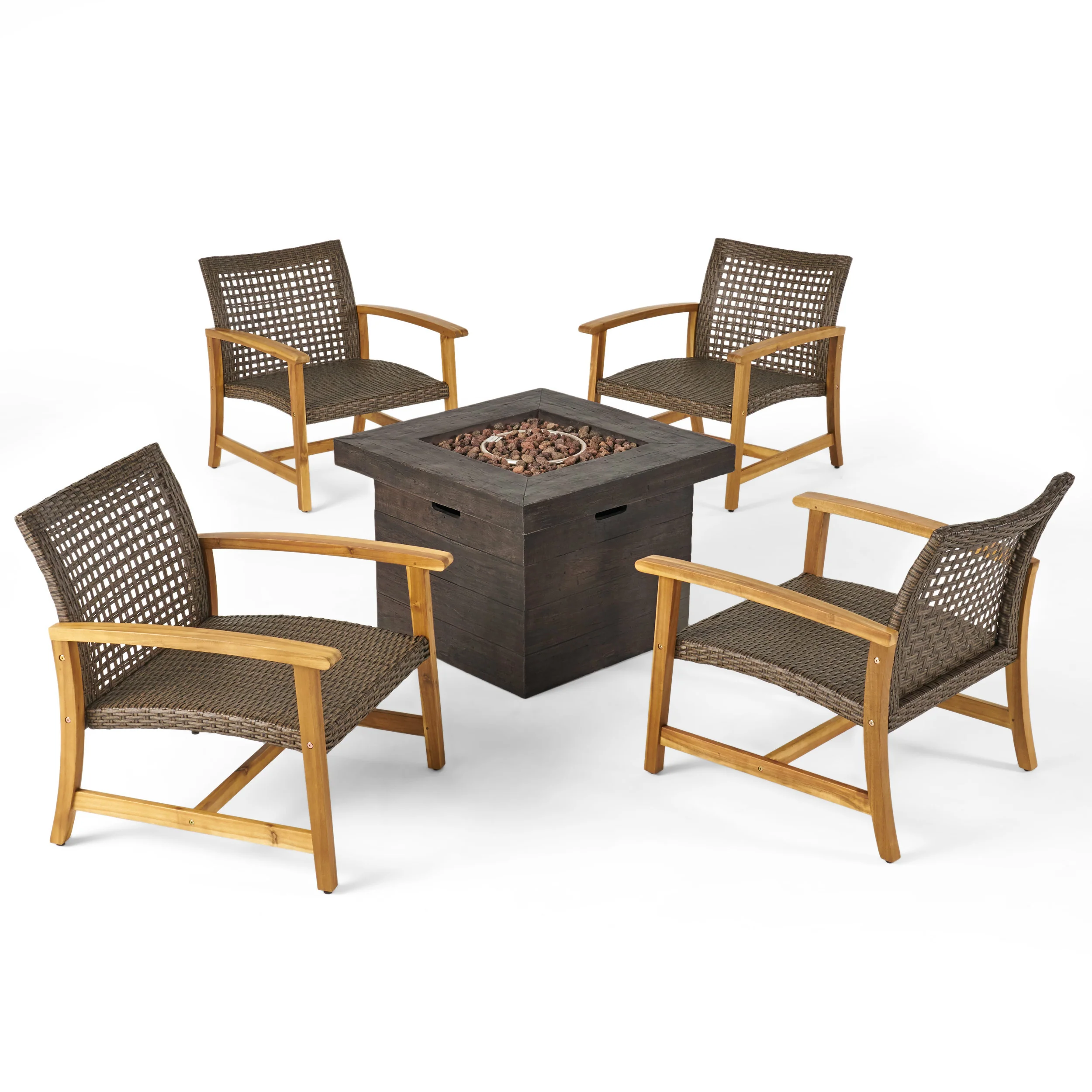 Eleanor Outdoor 5 Piece Wood and Wicker Club Chairs and Fire Pit Set - furnishings