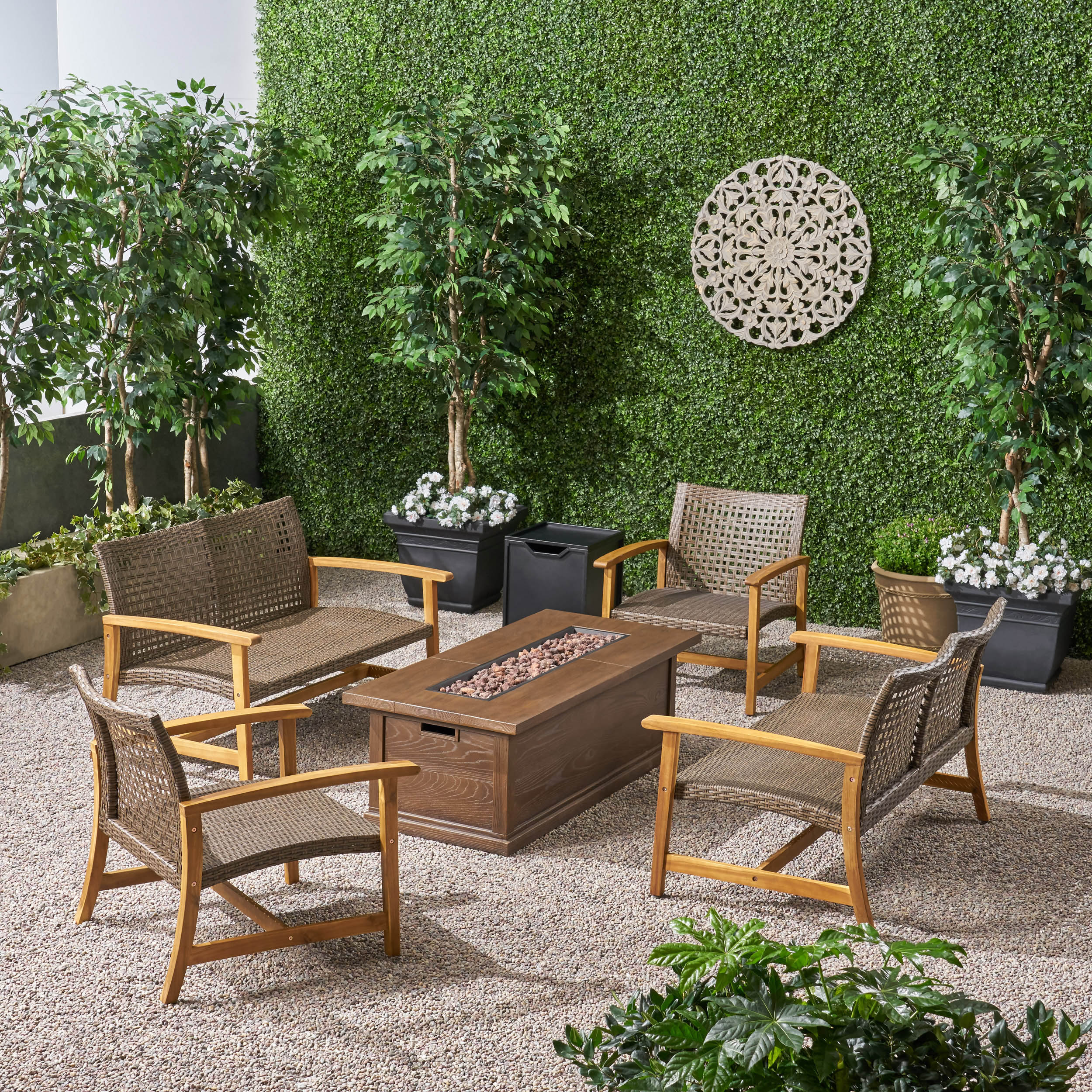 Rachel Outdoor 6 Piece Wood and Wicker Chat Set with Fire Pit - furnishings
