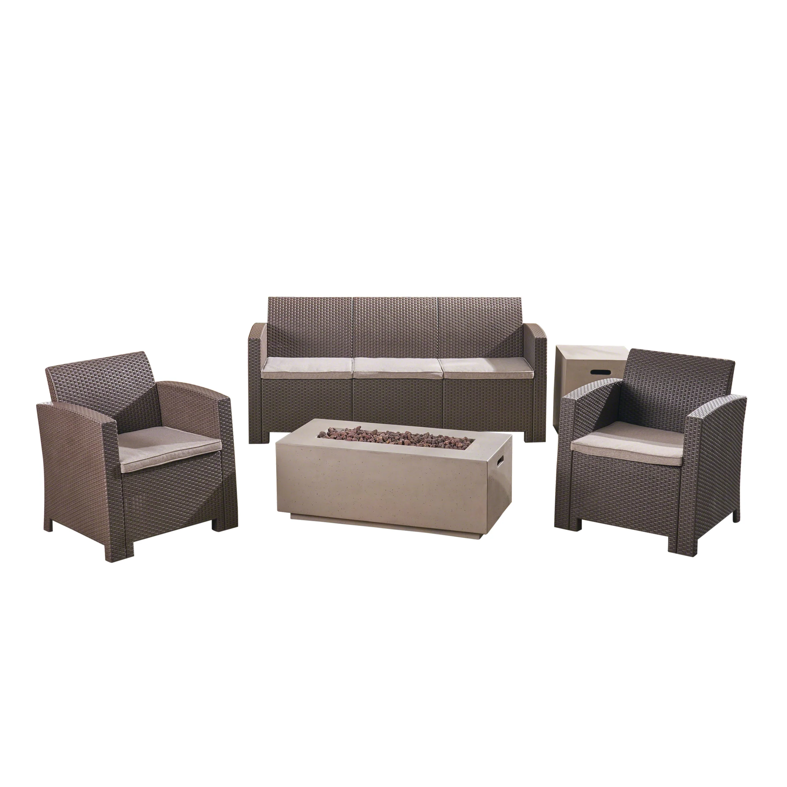 Clay Outdoor 5-Seater Wicker Print Chat Set with Fire Pit and Tank Holder - furnishings