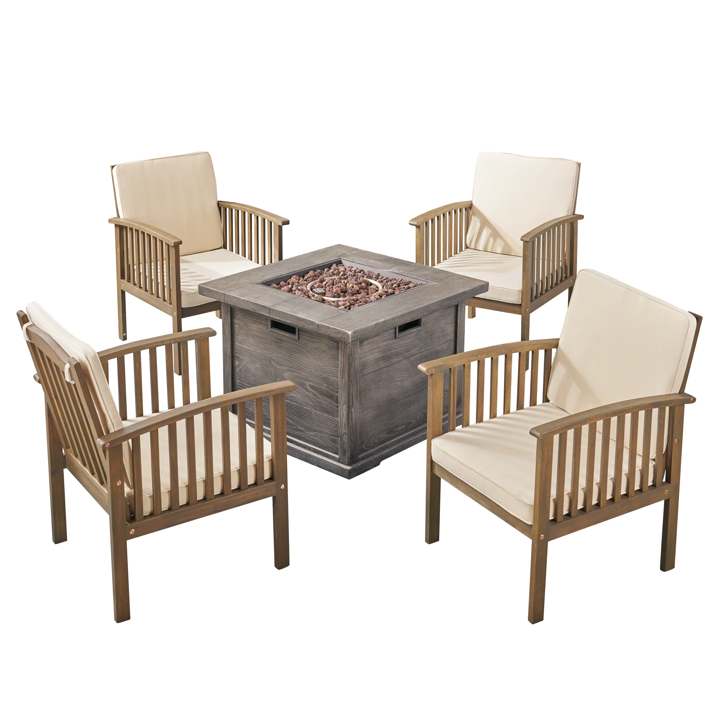 Cape Outdoor 4-Seater Acacia Wood Club Chairs with Firepit, Gray Finish and Cream and Wood Pattern - furnishings