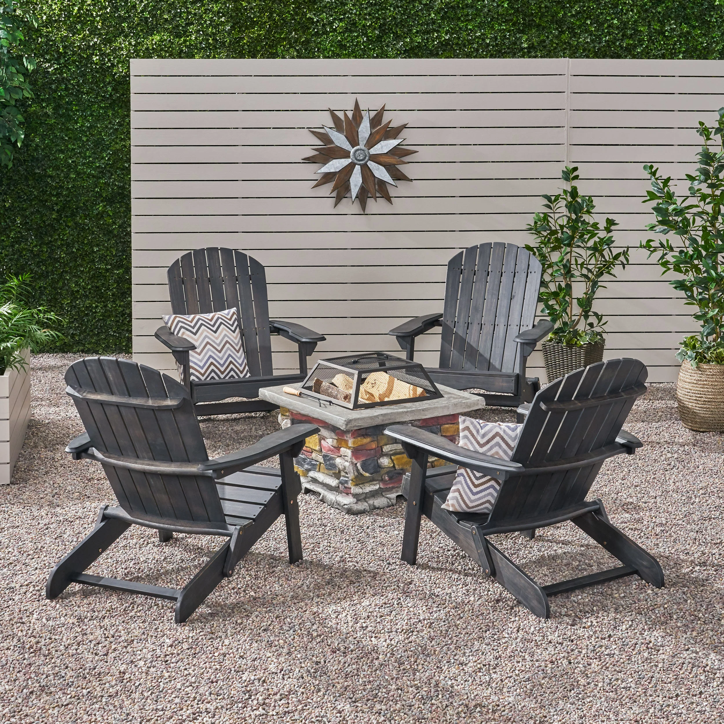 Benson Outdoor 5 Piece Acacia Wood/ Light Weight Concrete Adirondack Chair Set with Fire Pit - furnishings