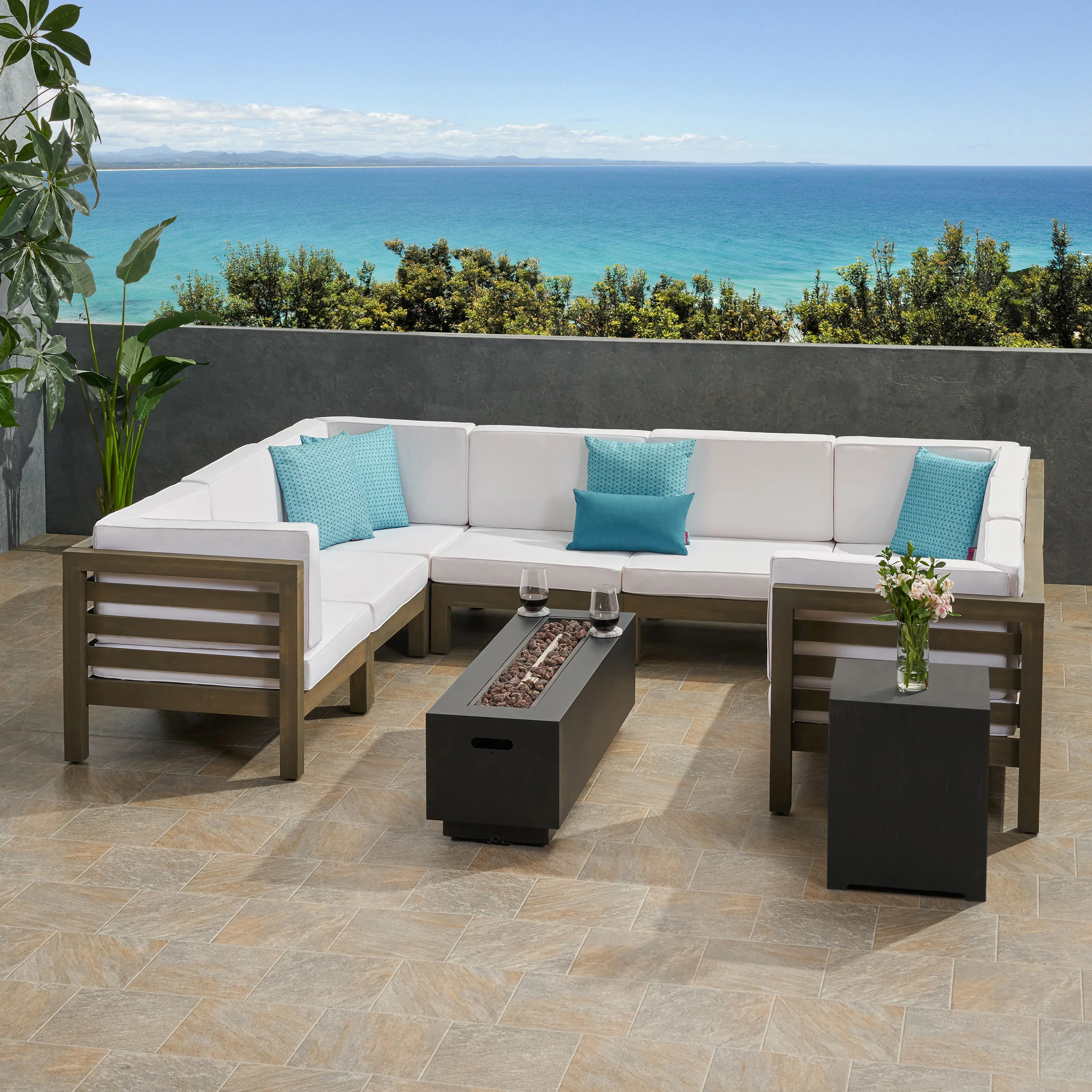 Krystin Outdoor U-Shaped Sectional Sofa Set with Fire Pit - furnishings