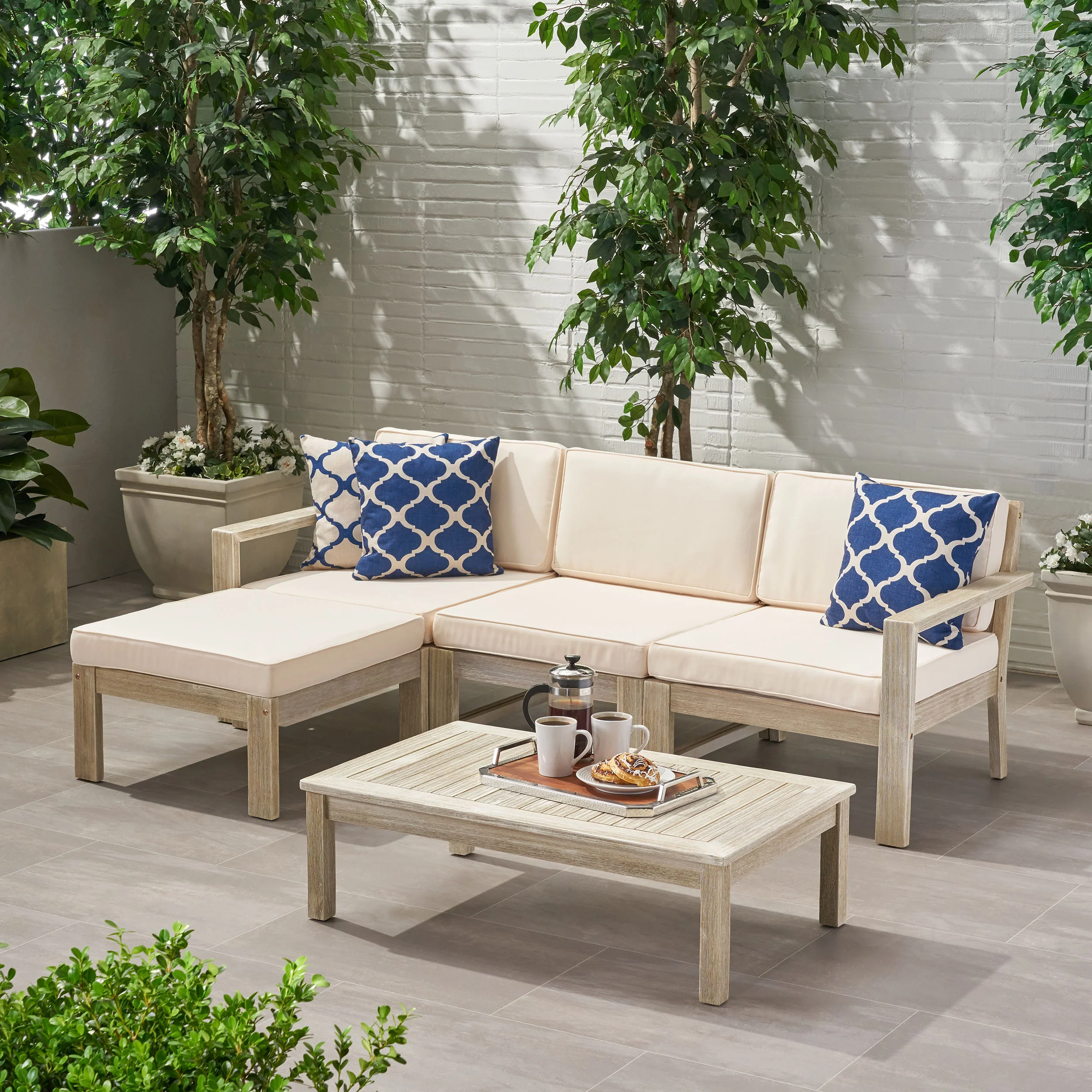 Makayla Ana Outdoor 3 Seater Acacia Wood Sofa Sectional with Cushions - furnishings