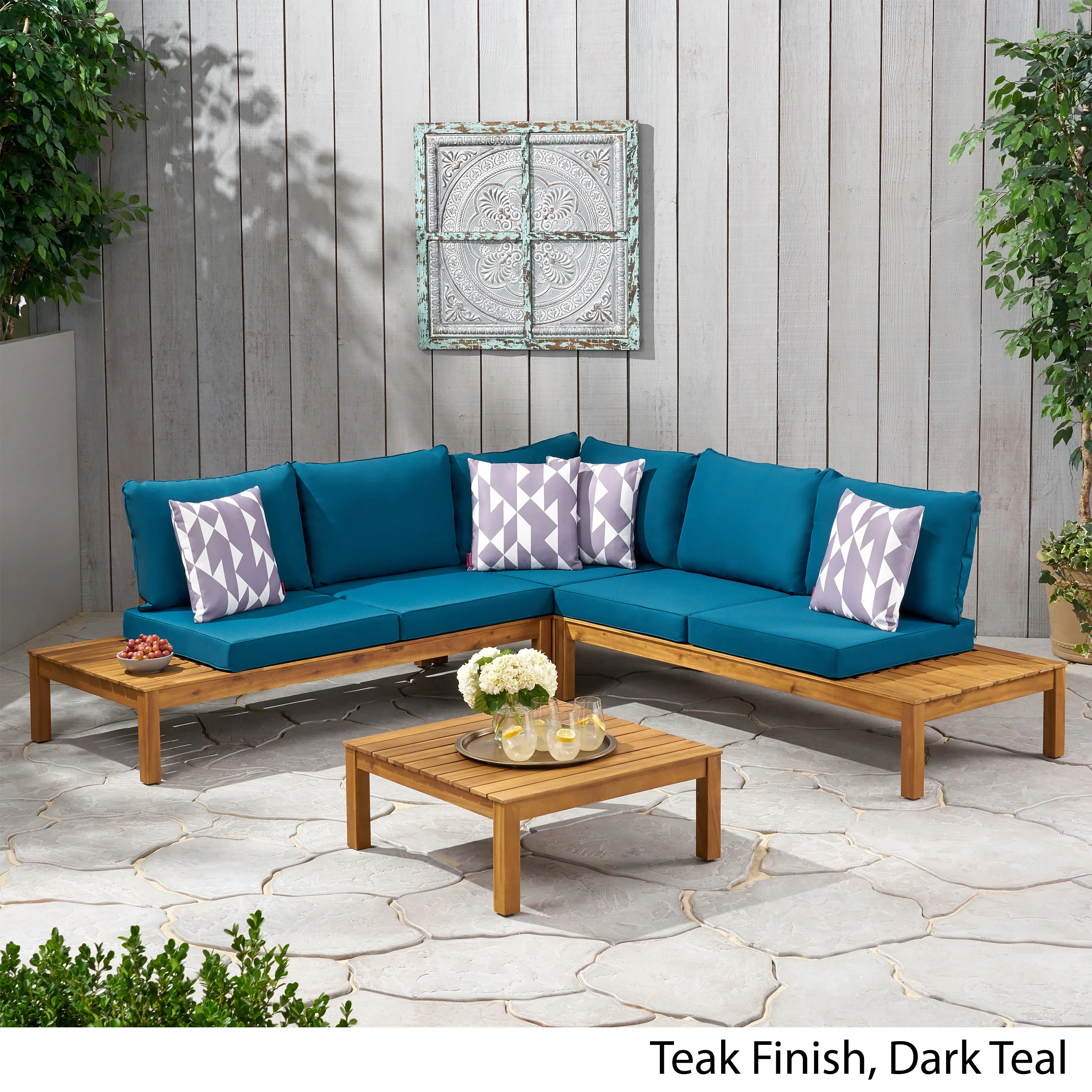 Vashti Outdoor 5 Seater V Shaped Acacia Wood Sectional Sofa Set with Cushions - furnishings