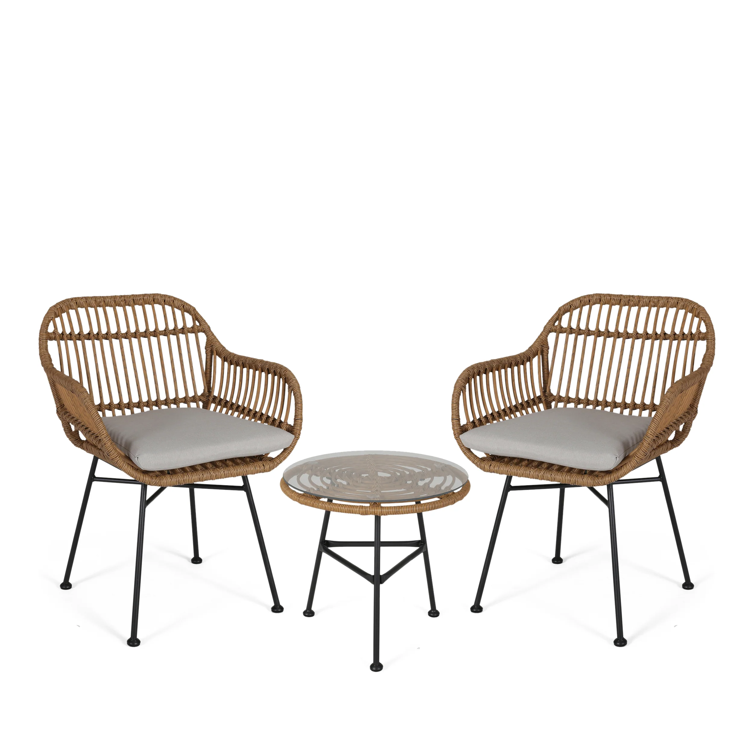 Lesley Outdoor Faux Wicker 2 Seater Chat Set with Tempered Glass Table - furnishings