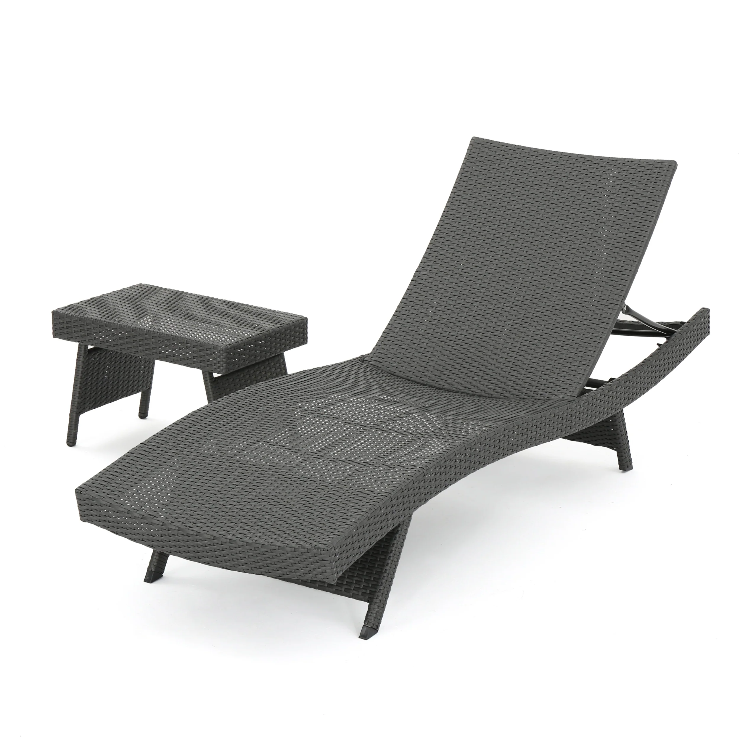 Lakeport Outdoor Grey Wicker Adjustable Chaise Lounge and Table Set - furnishings
