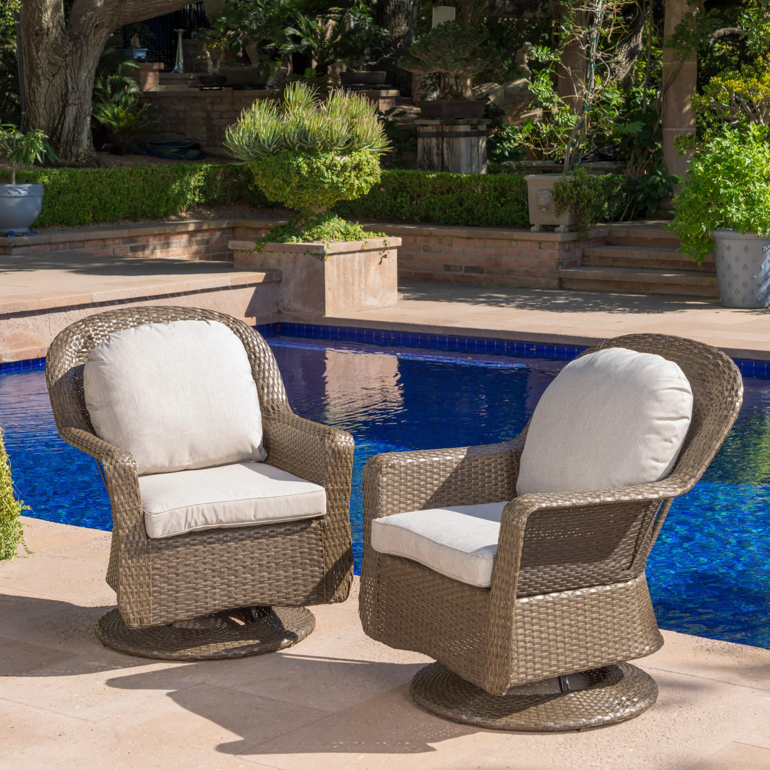 Linsten Outdoor Wicker Swivel Club Chairs with Water Resistant Cushions - furnishings