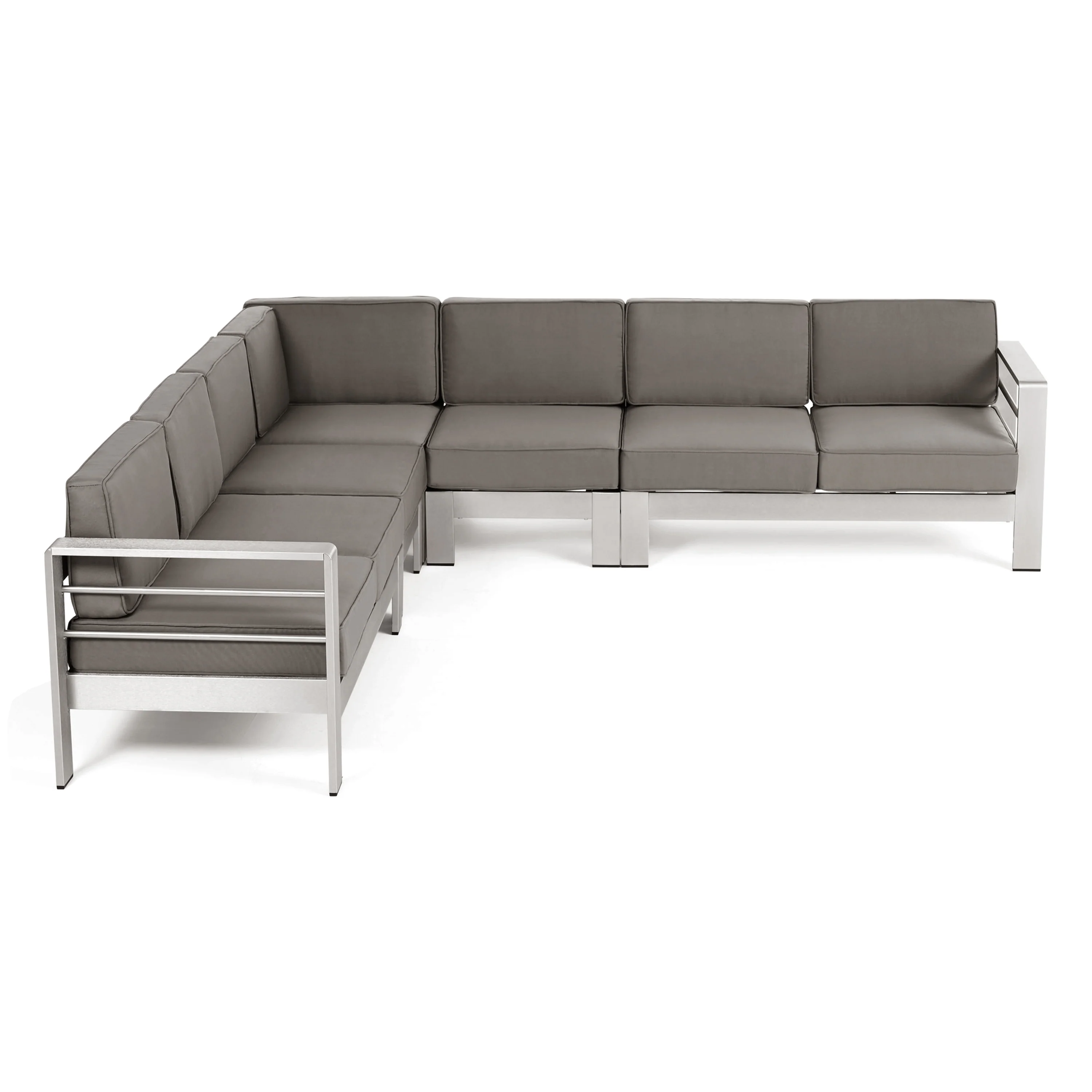 Emily Coral Outdoor 7-Seater Aluminum Sectional Sofa Set, Silver and Khaki - furnishings