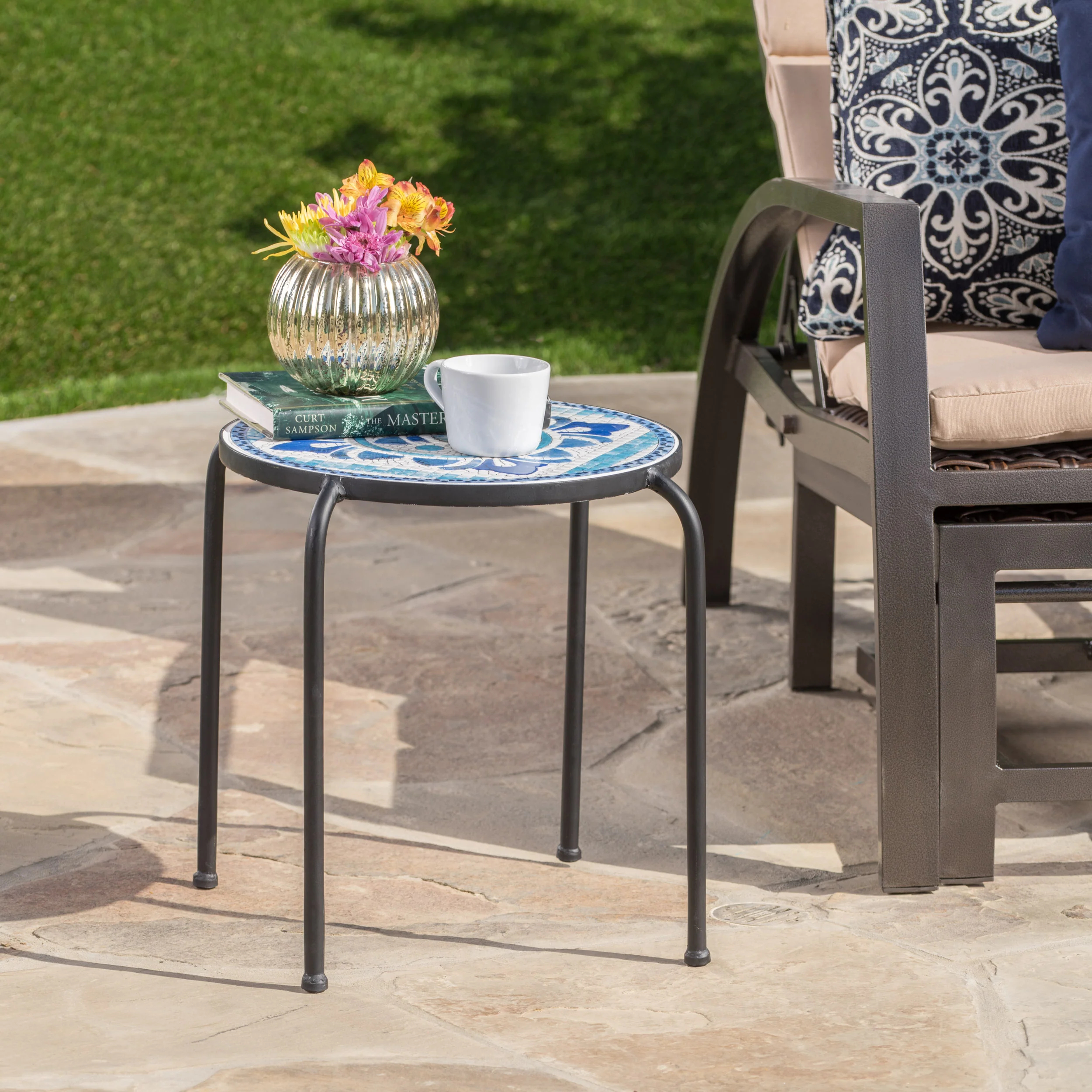 Sindarin Outdoor Blue & White Ceramic Tile Iron Frame Side Table - furnishings