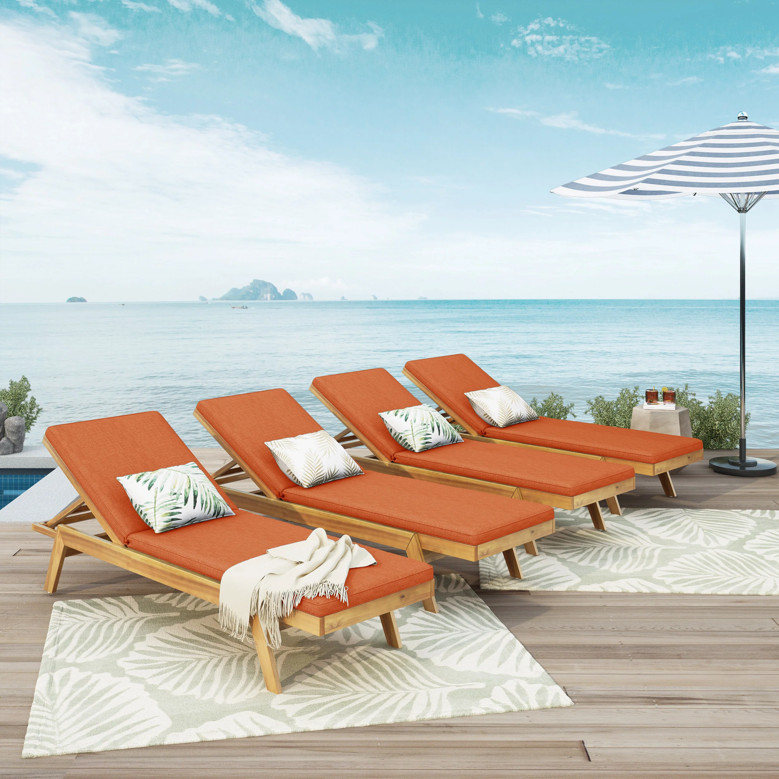 Larimore Outdoor Acacia Wood Chaise Lounge with Water Resistant Cushions, Set of 4 - furnishings