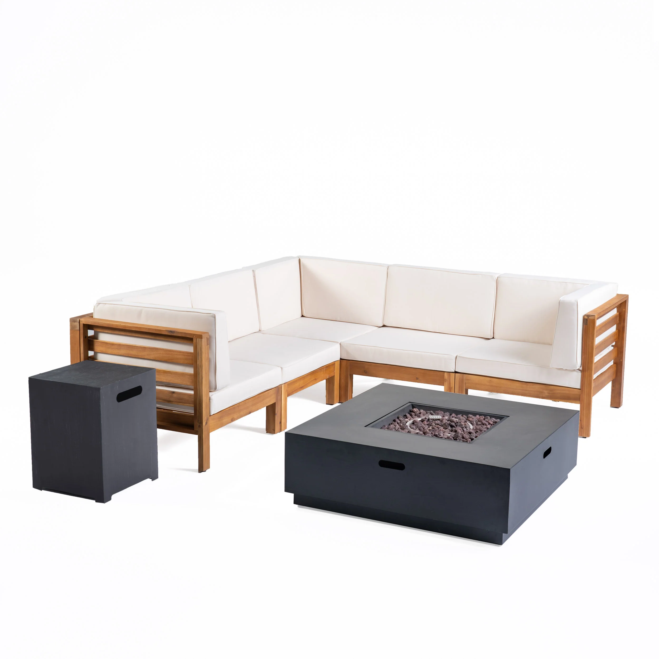 Krystin Outdoor 7 Piece V-Shaped Acacia Wood Sectional Sofa Set with Fire Pit and Outdoor Cushions - furnishings