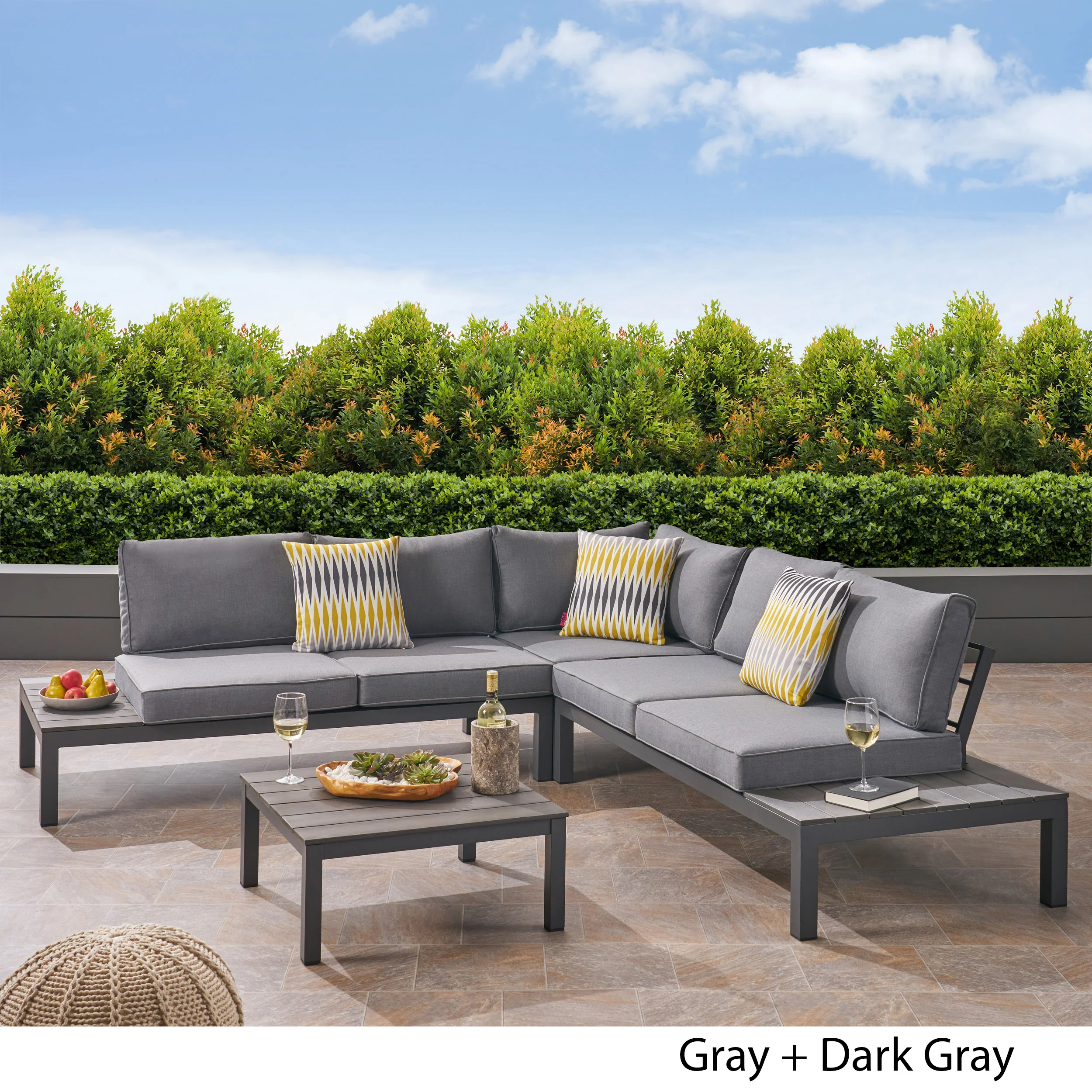 Blessen Outdoor Aluminum and Wood V-Shaped Sofa Set with Cushions - furnishings