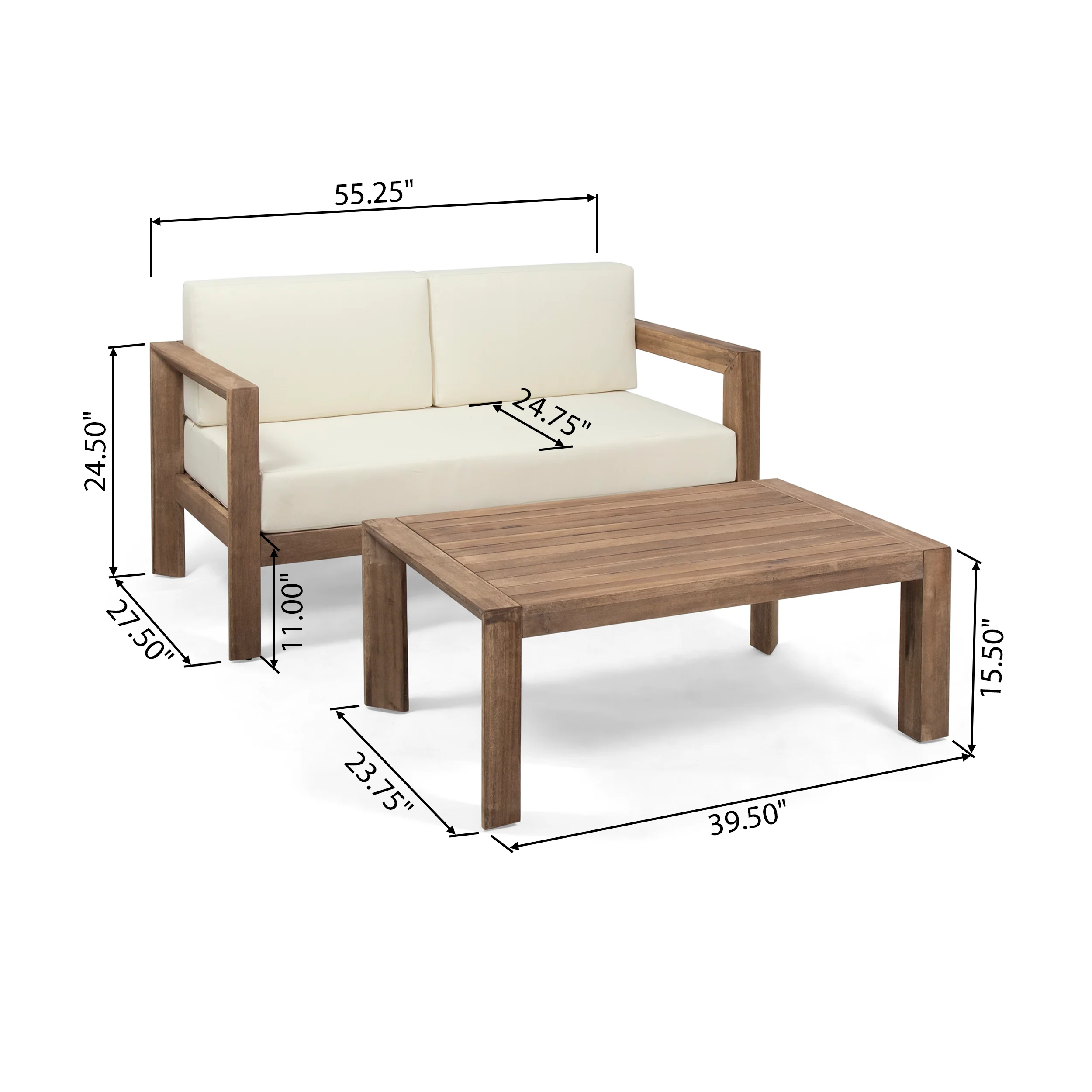 Lucia Outdoor 2 Seater Wooden Loveseat and Coffee Table Chat Set with Cushions, Beige and Brown Finish - furnishings