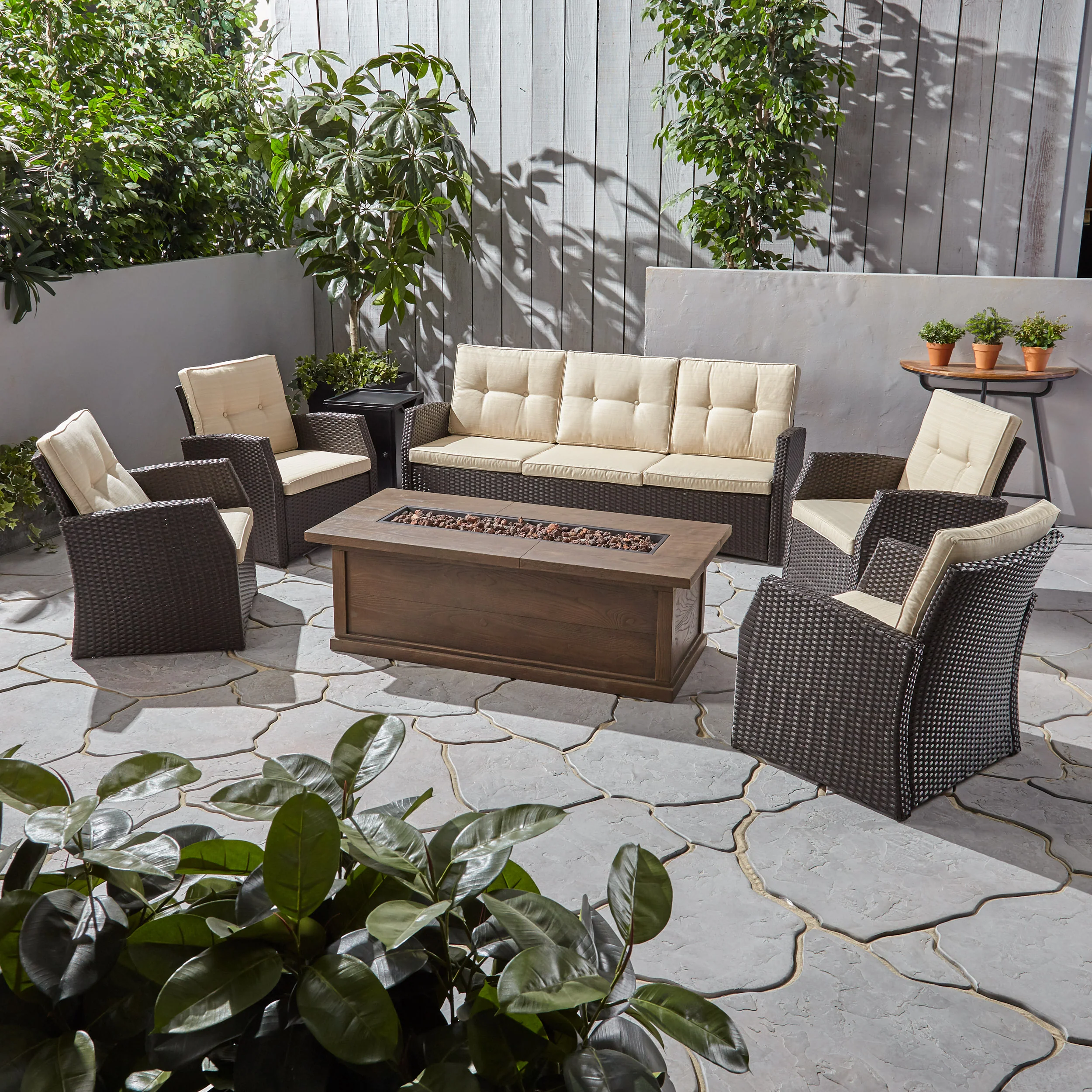 Roswell Outdoor 7 Seater Wicker Chat Set with Wood Finished Fire Pit - furnishings
