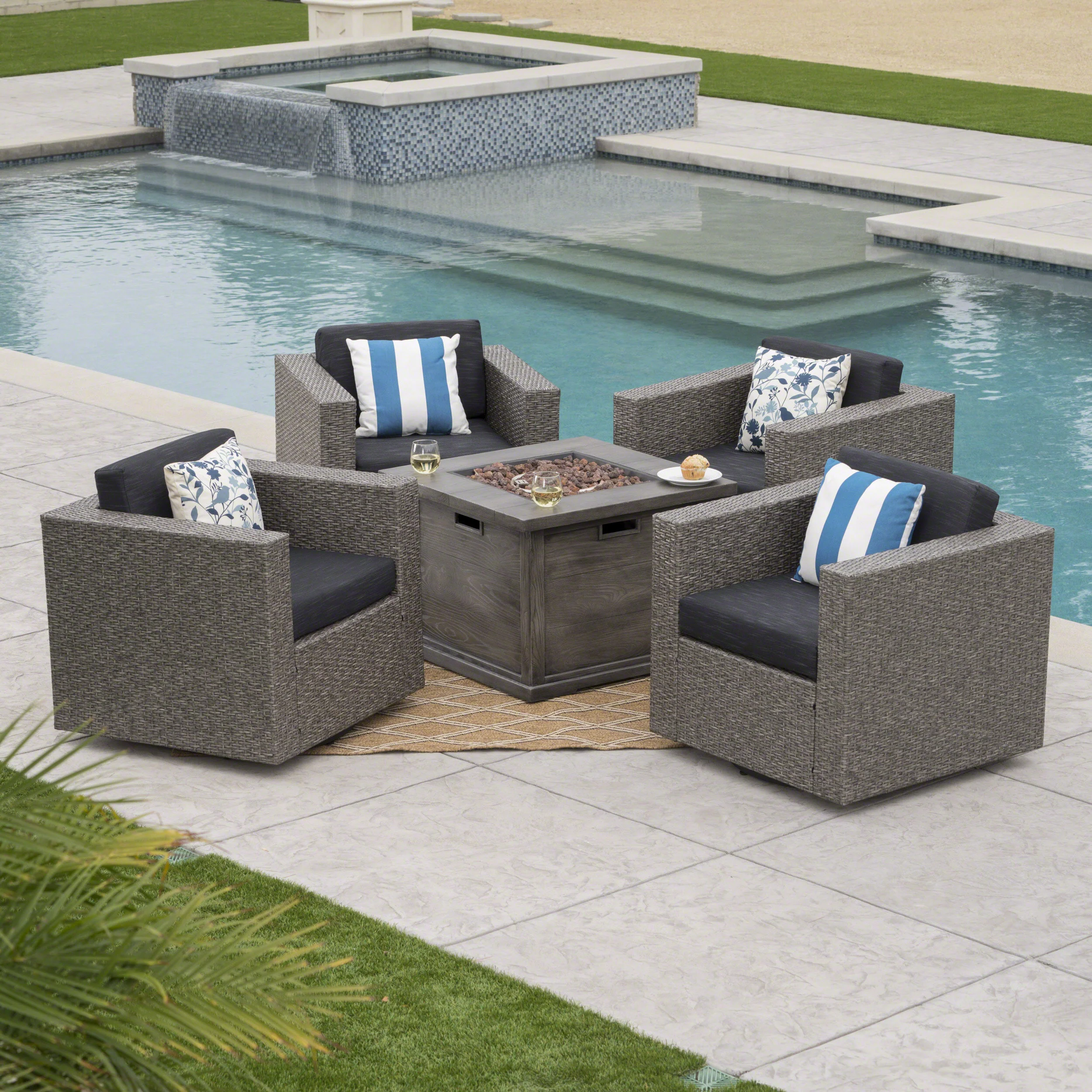 Hamilton Outdoor 5 Piece Wicker Swivel Club Chairs with Brown Gas Fire Pit - furnishings