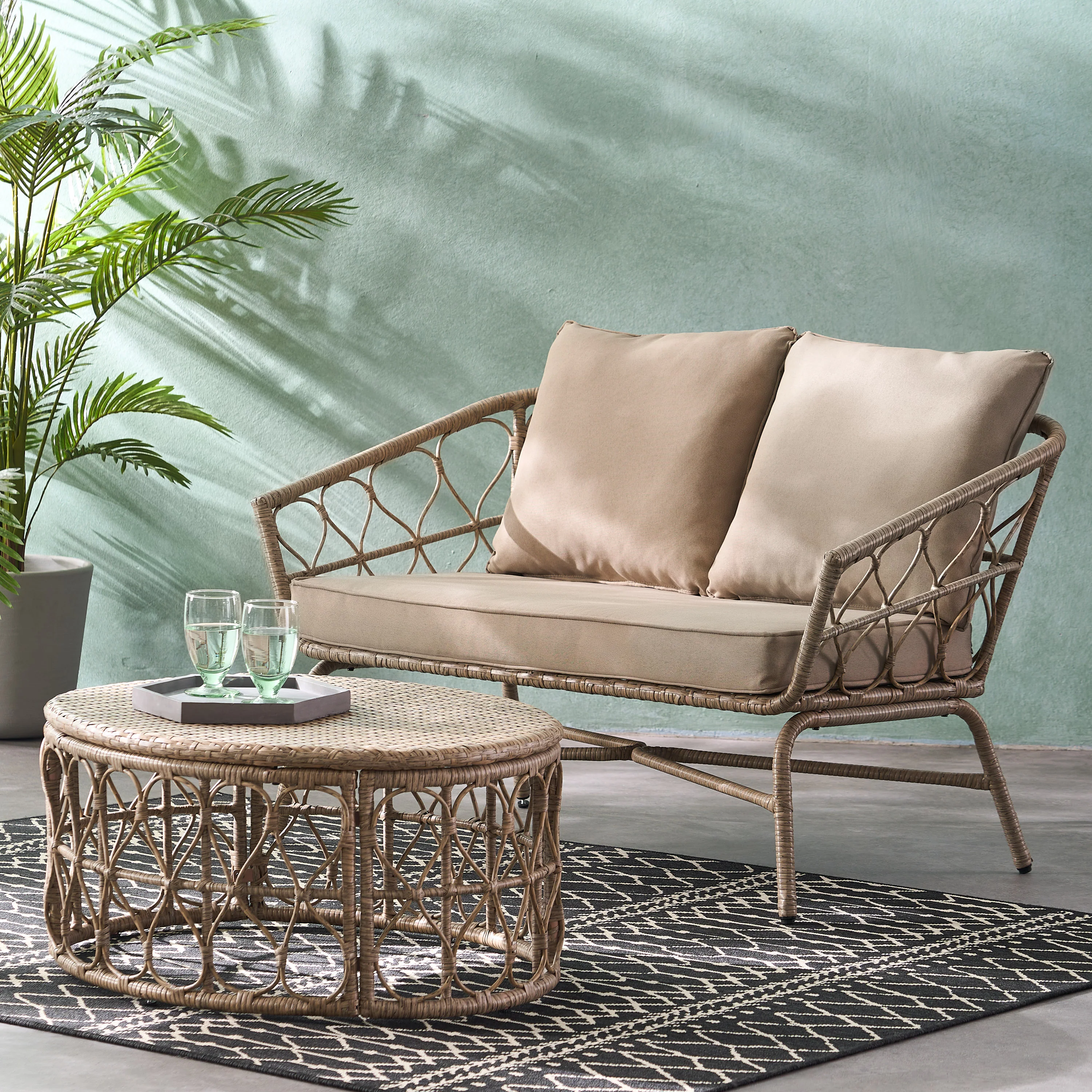 Colmar Outdoor Wicker Loveseat and Coffee Table Set, Light Brown and Beige - furnishings