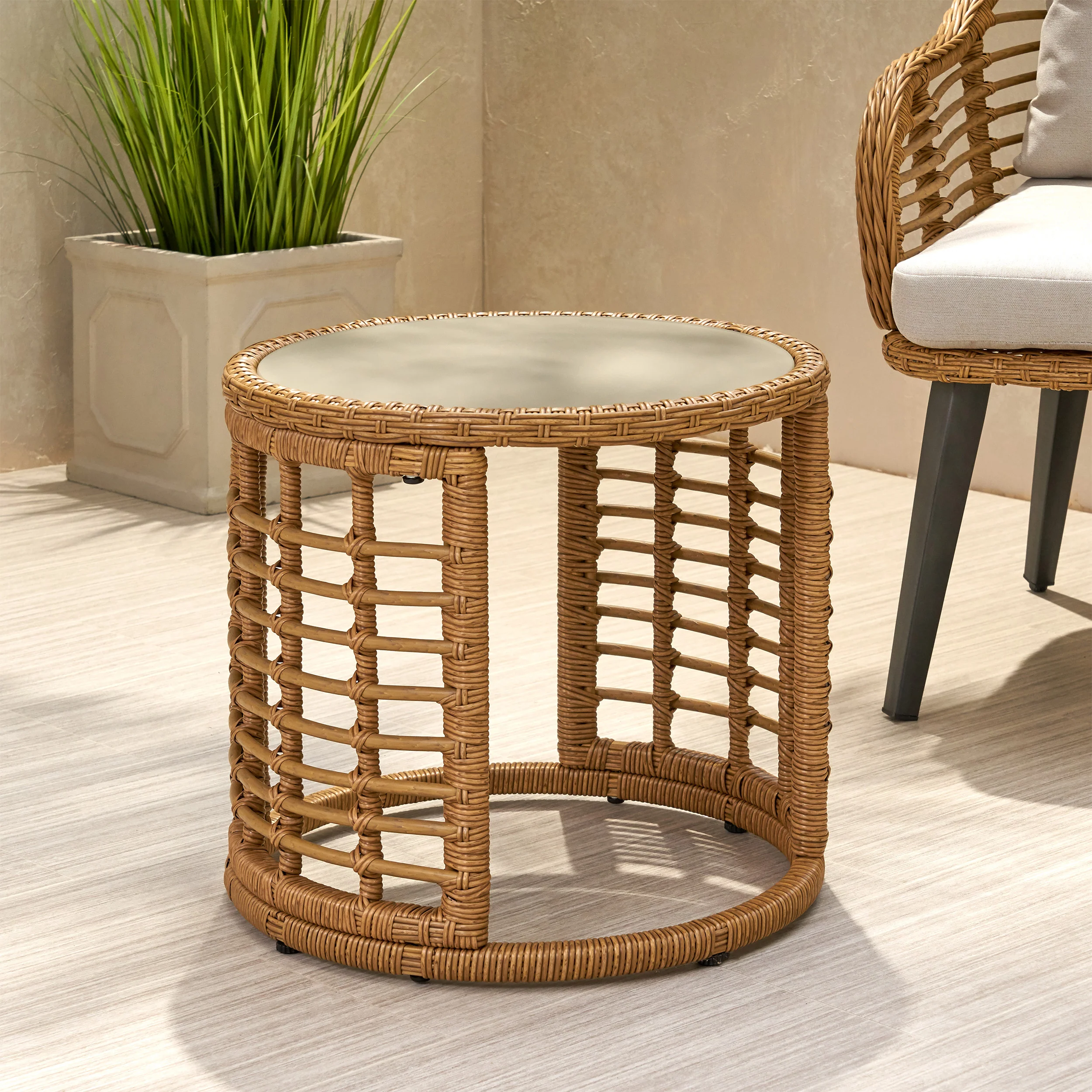 Evvy Outdoor Modern Boho Wicker Side Table with Tempered Glass Top - furnishings