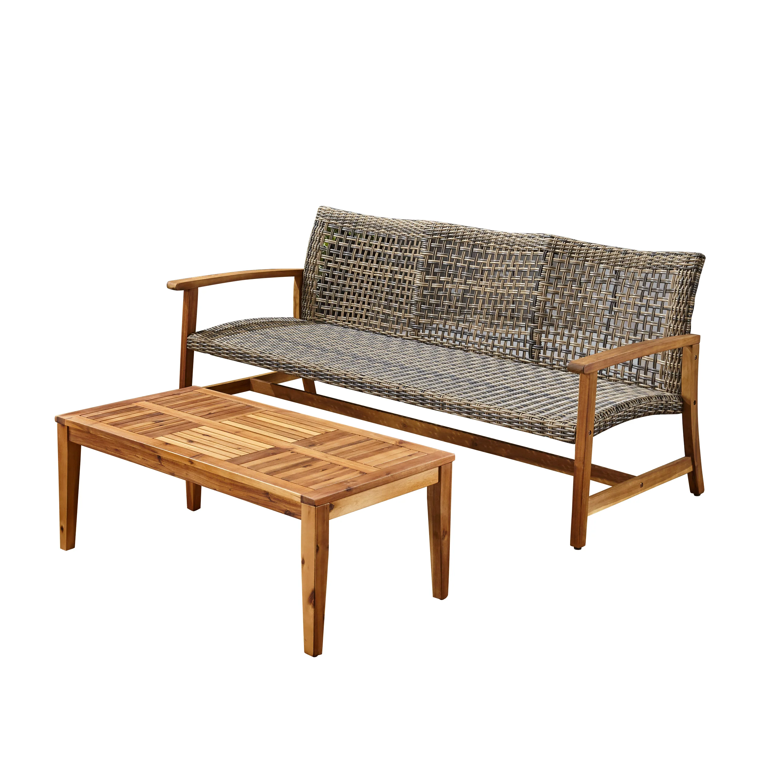 Beacher Belloc Outdoor Wood and Wicker Sofa and Coffee Table Set - furnishings