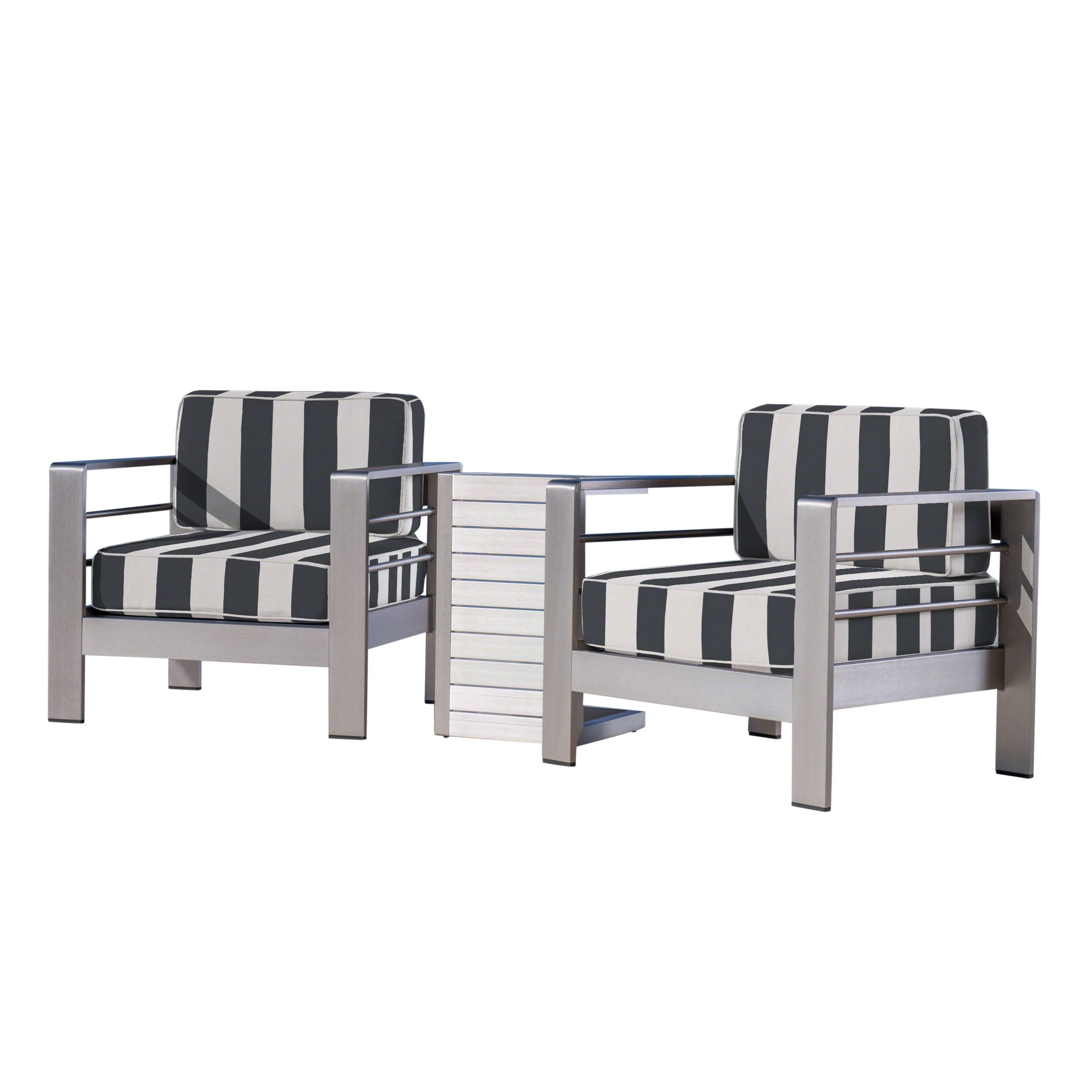 Parrish Coral Outdoor Aluminum Club Chairs and Side Table Set with Cushions, Silver and Cabana Classic Sunbrella (Optional Sunbrella Cushions) - furnishings