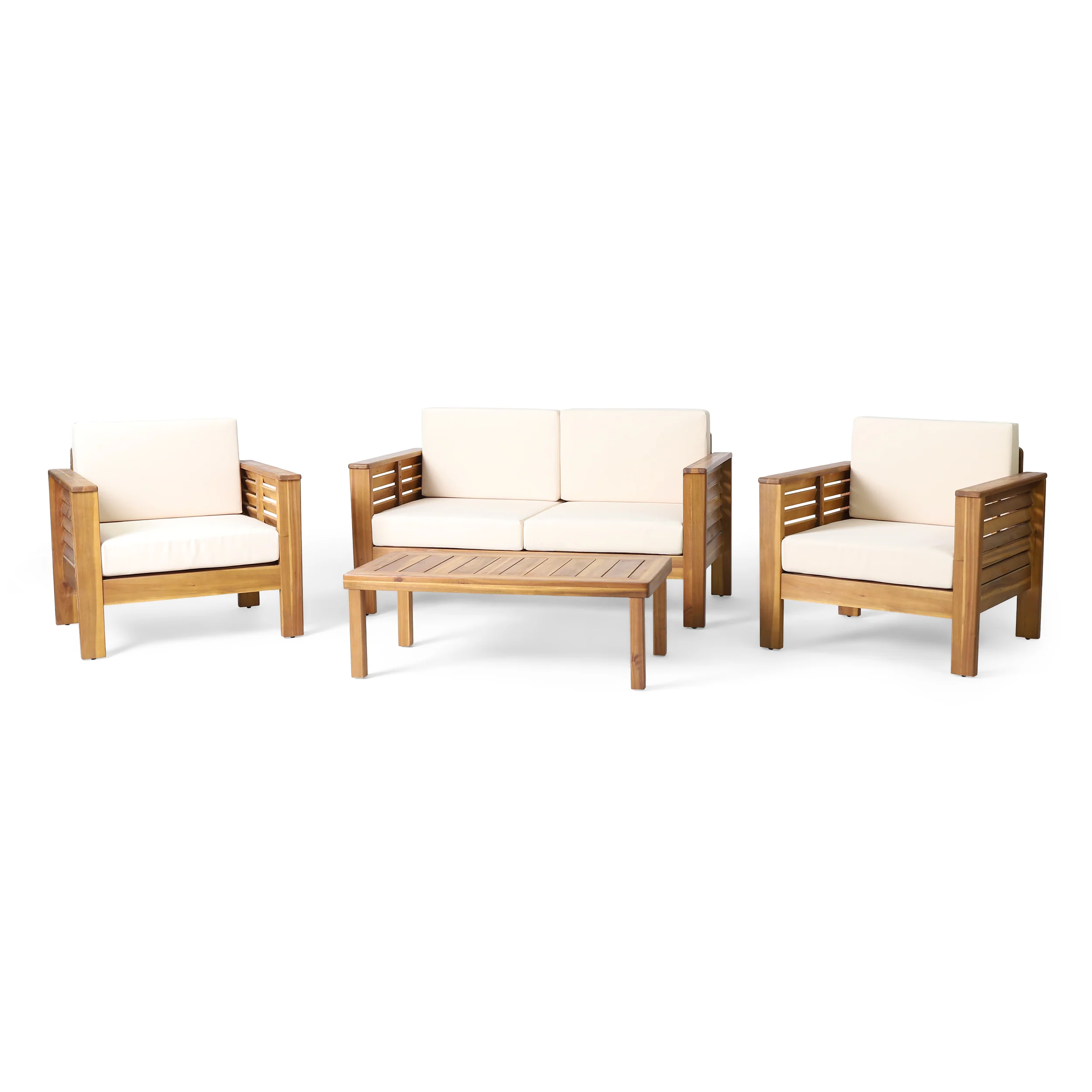 Rabun Outdoor Acacia Wood 4 Seater Chat Set with Cushions - furnishings