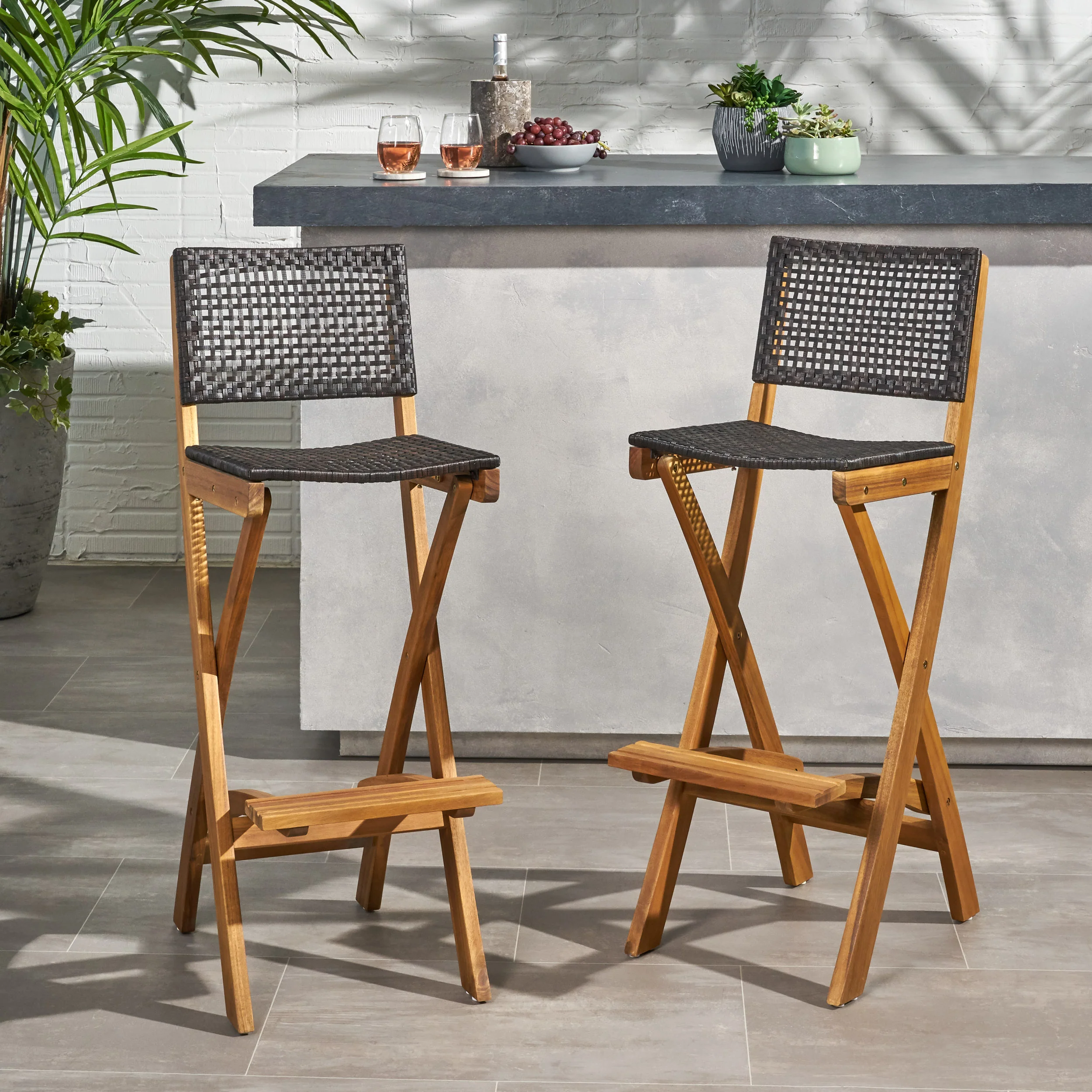 Teresa Outdoor Folding Acacia Wood Barstools (Set of 2) - furnishings