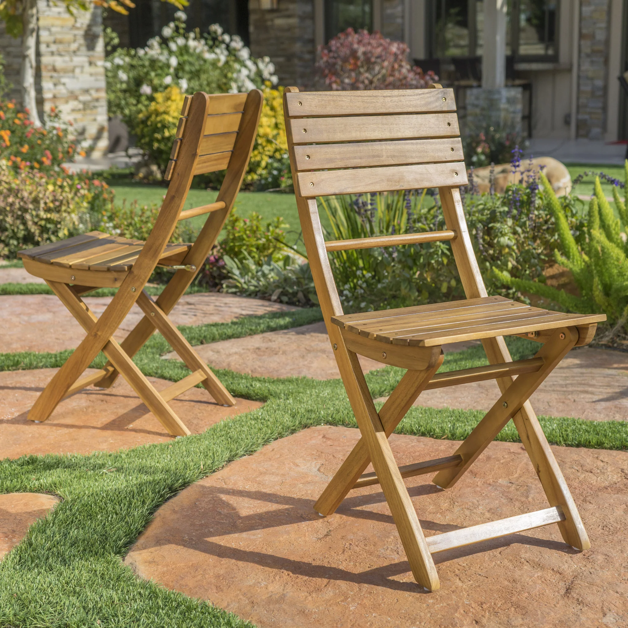 Vicaro Outdoor Natural Finish Acacia Wood Foldable Dining Chairs (Set of 2) - furnishings