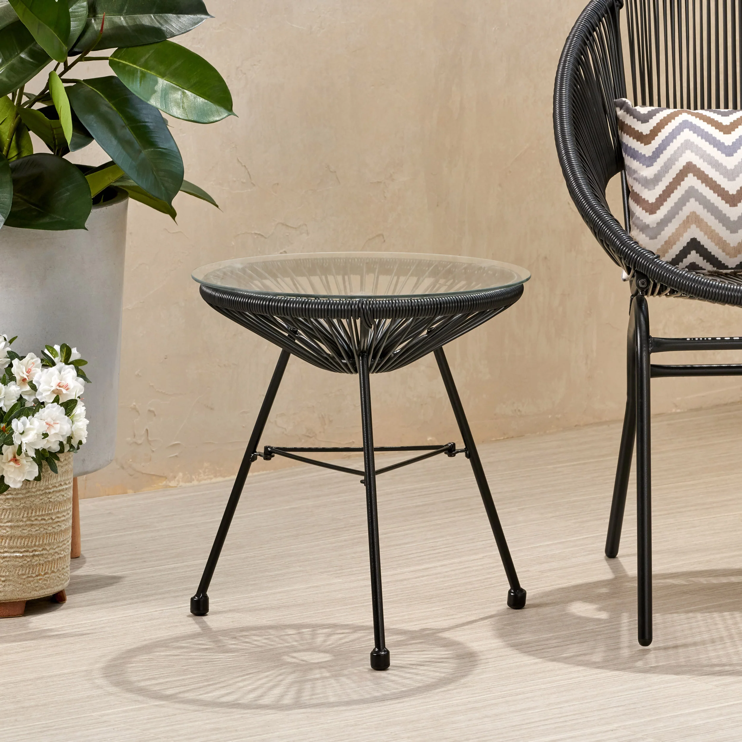 Chrissy Outdoor Modern Faux Rattan Side Table with Tempered Glass Top - furnishings