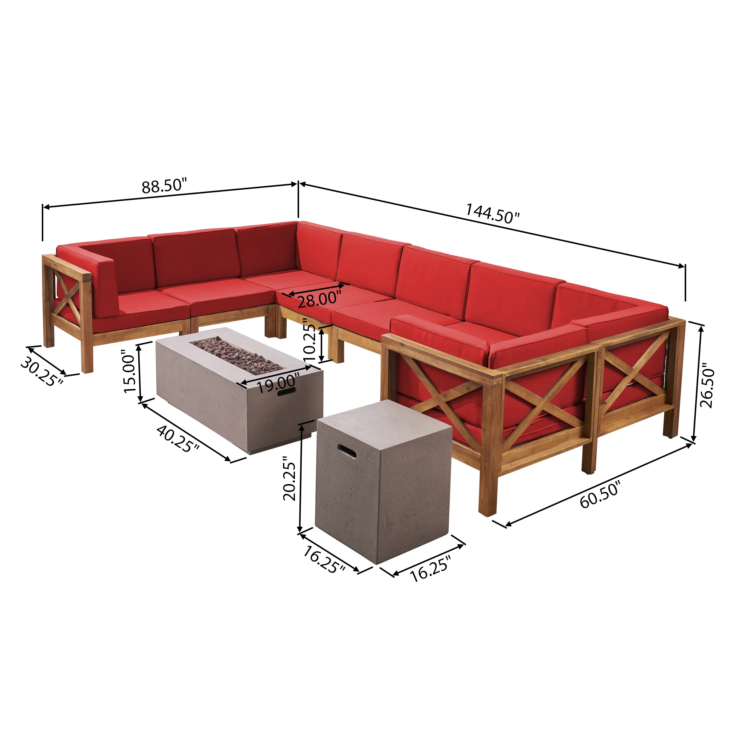 Cynthia Outdoor Acacia Wood 8 Seater U-Shaped Sectional Sofa Set with Fire Pit - furnishings