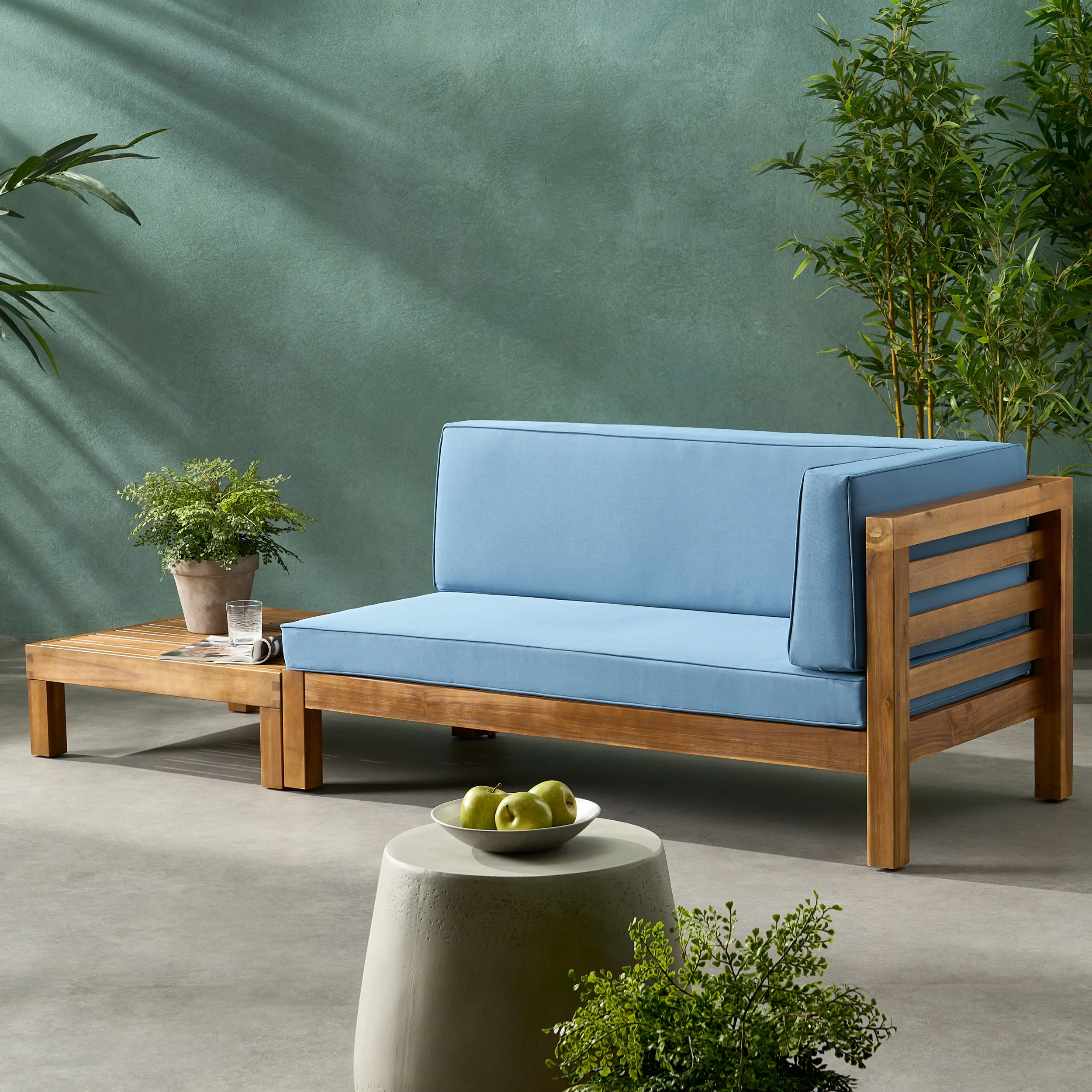 Cascada Outdoor Acacia Wood Right Arm Loveseat and Coffee Table Set with Cushion - furnishings