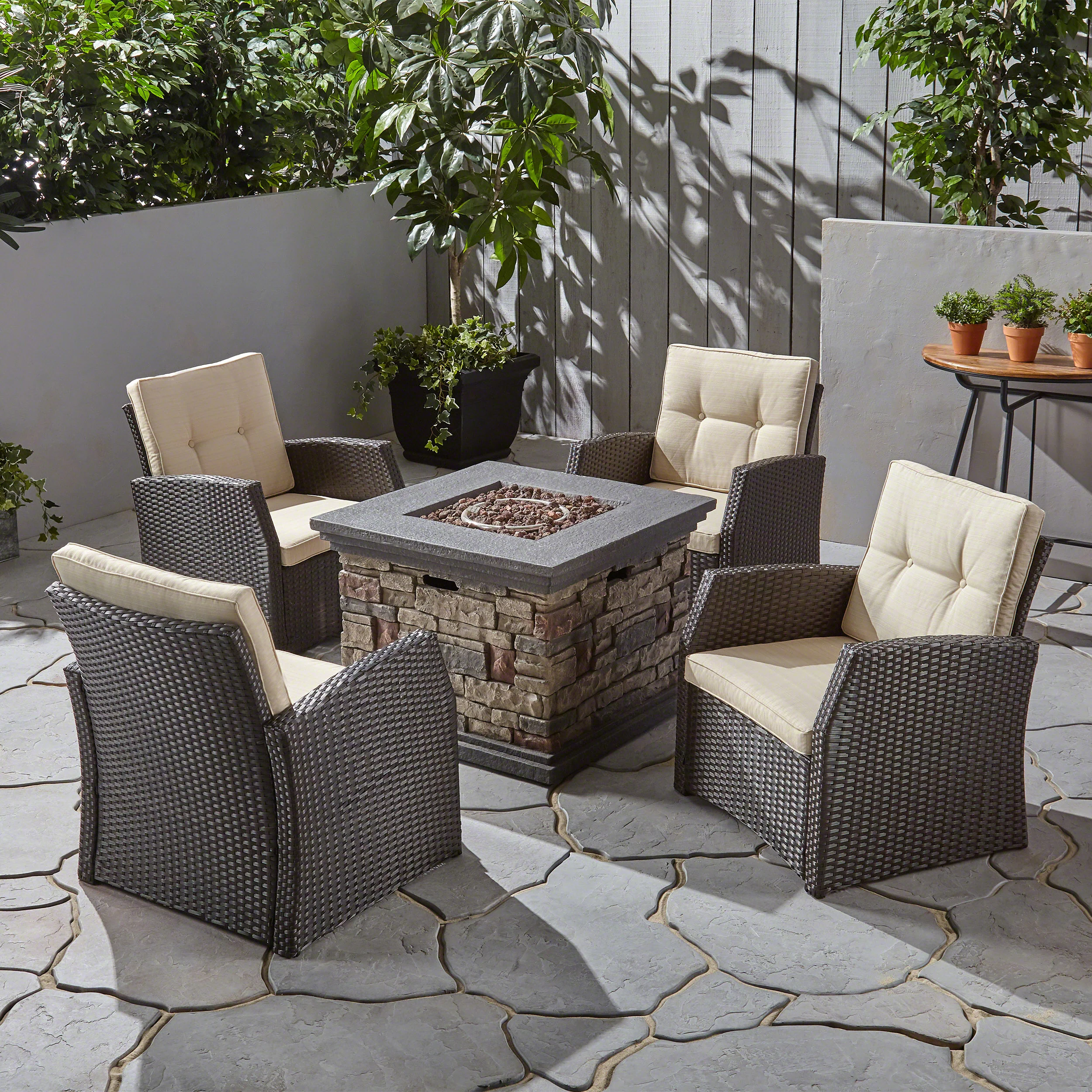 Brier Outdoor 4 Seater Wicker Chat Set with Fire Pit - furnishings
