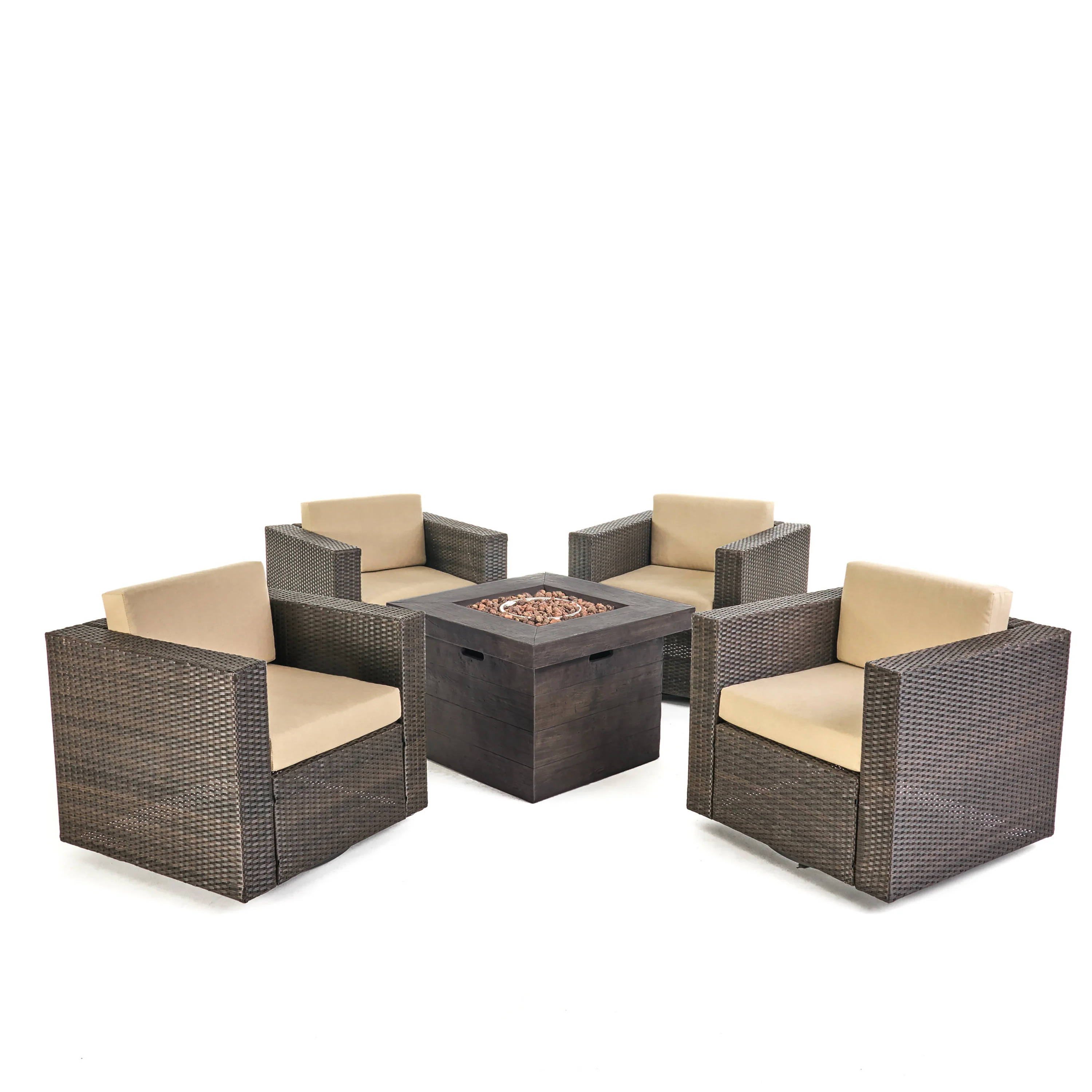 Venice Outdoor 5 Piece Chat Set with Dark Brown Chairs with Fire Pit - furnishings