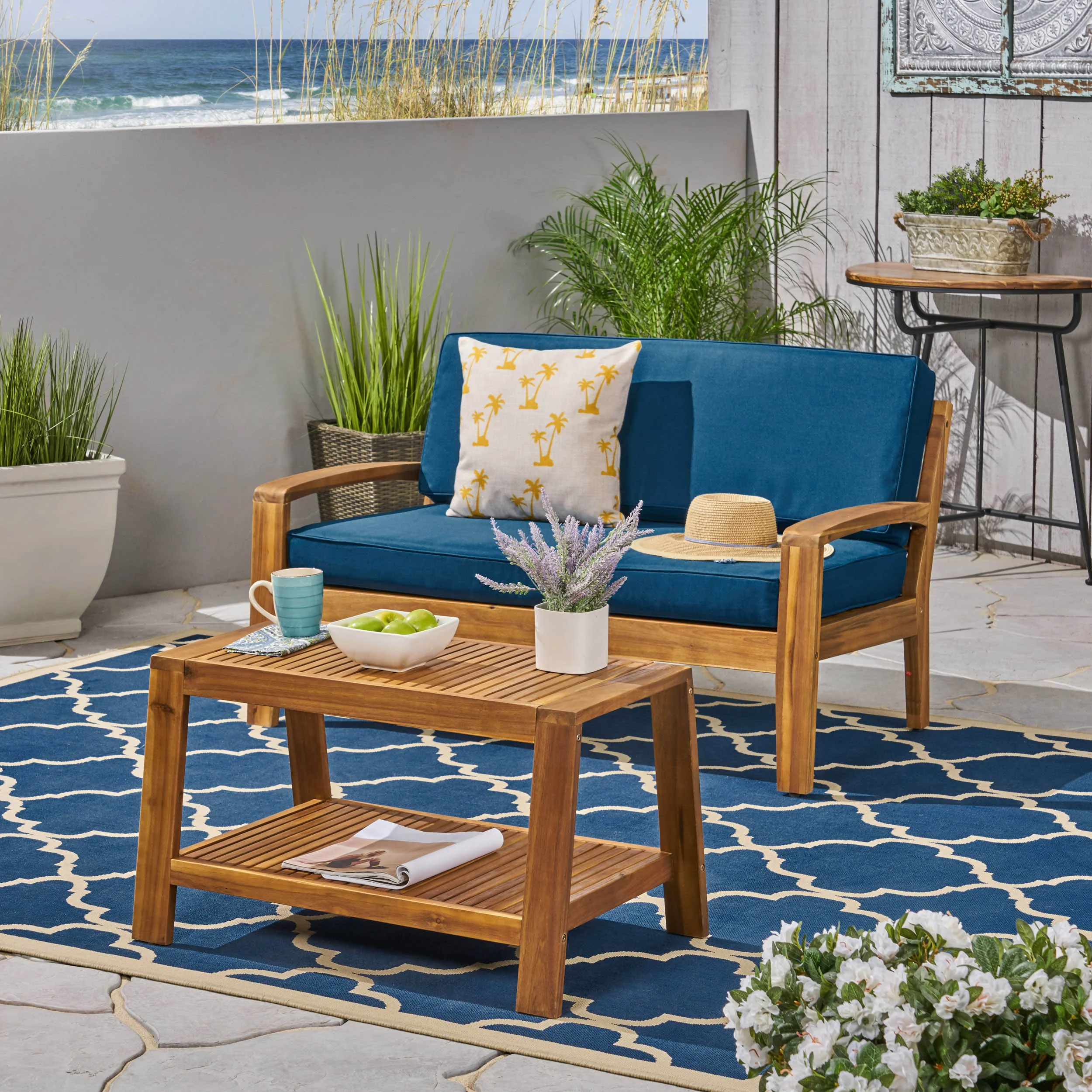 Parma Outdoor Acacia Wood Loveseat and Coffee Table Set with Cushions - furnishings