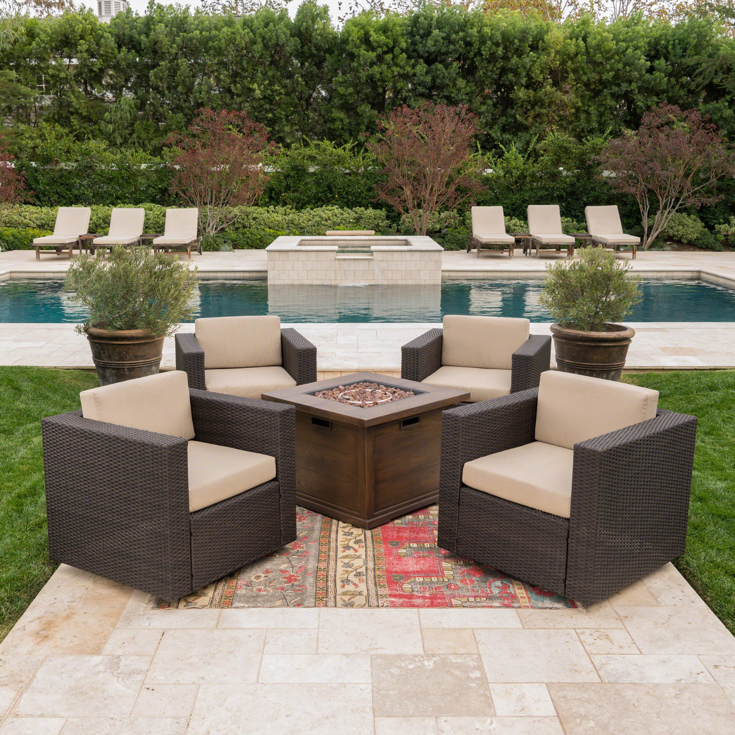 Hamilton Outdoor 5 Piece Wicker Swivel Club Chairs with Brown Gas Fire Pit - furnishings
